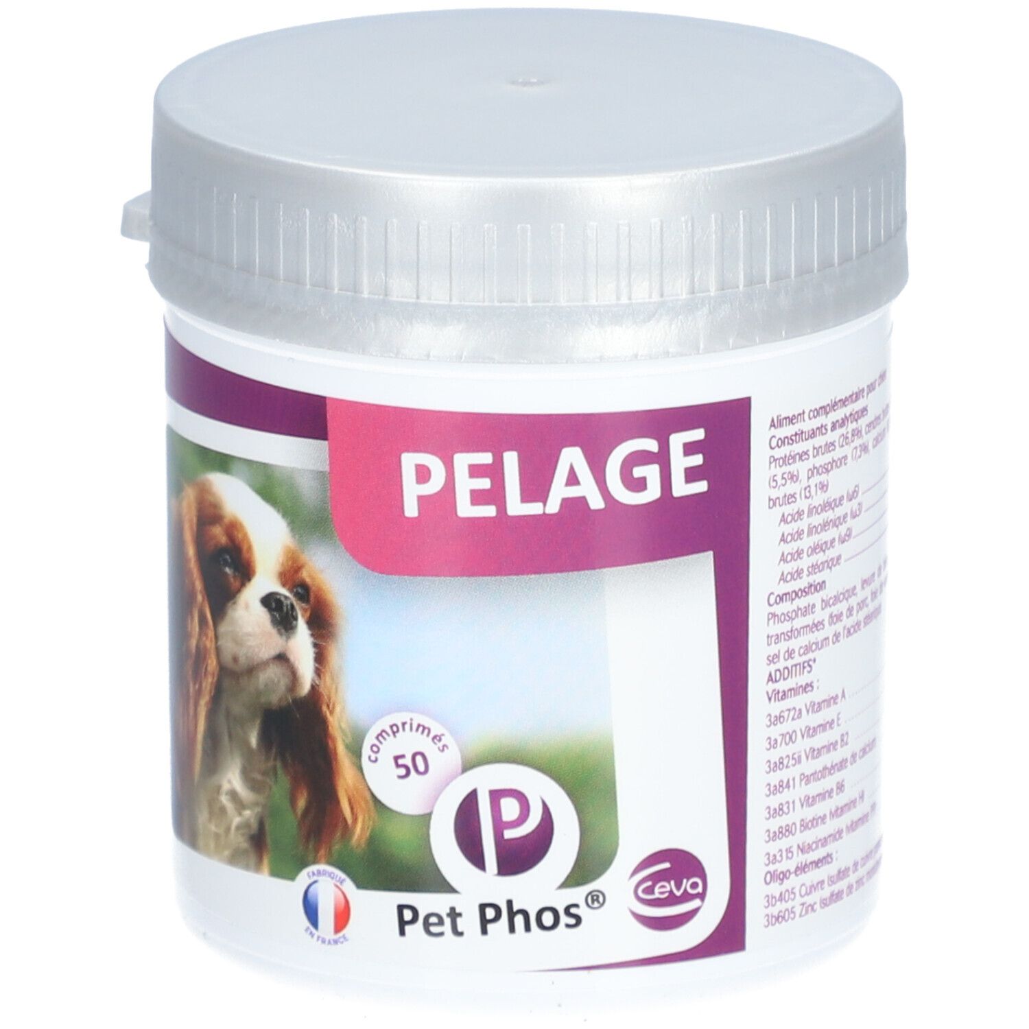 Pot blanc avec couvercle. Étiquette avec chien, texte: PELAGE, 50 comprimés, Pet Phos, Ceva, ingrédients.