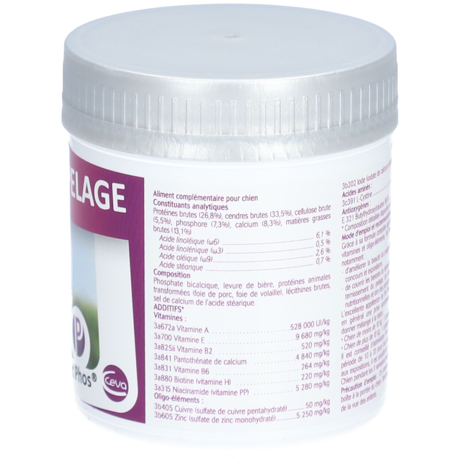 Dos du pot blanc. Texte: PELAGE, ingrédients, vitamines, oligo-éléments, Ceva.