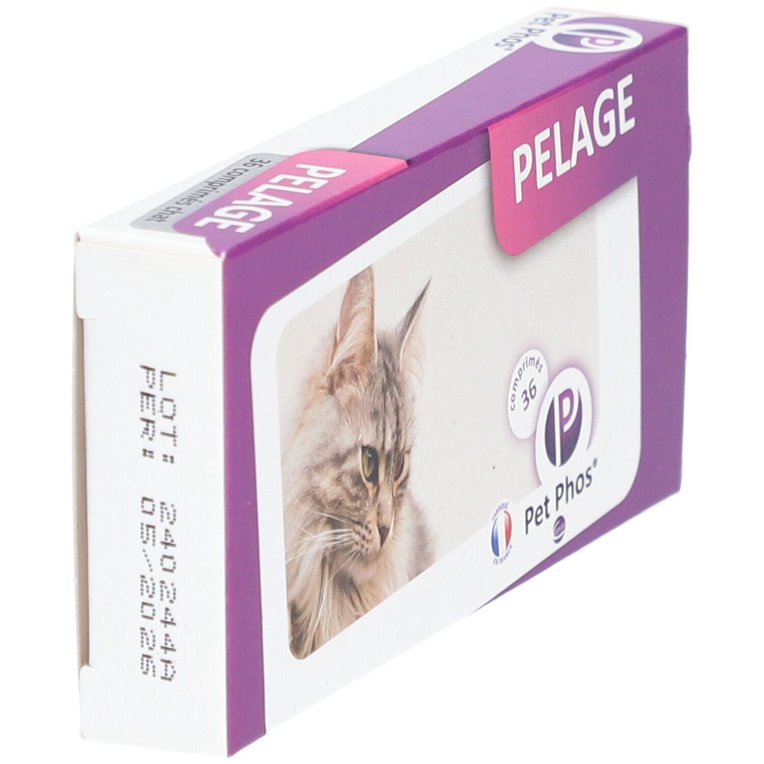 Verpackung mit Produktabbildung und Text. Aufschrift: PELAGE, Pet Phos, 36 comprimés.