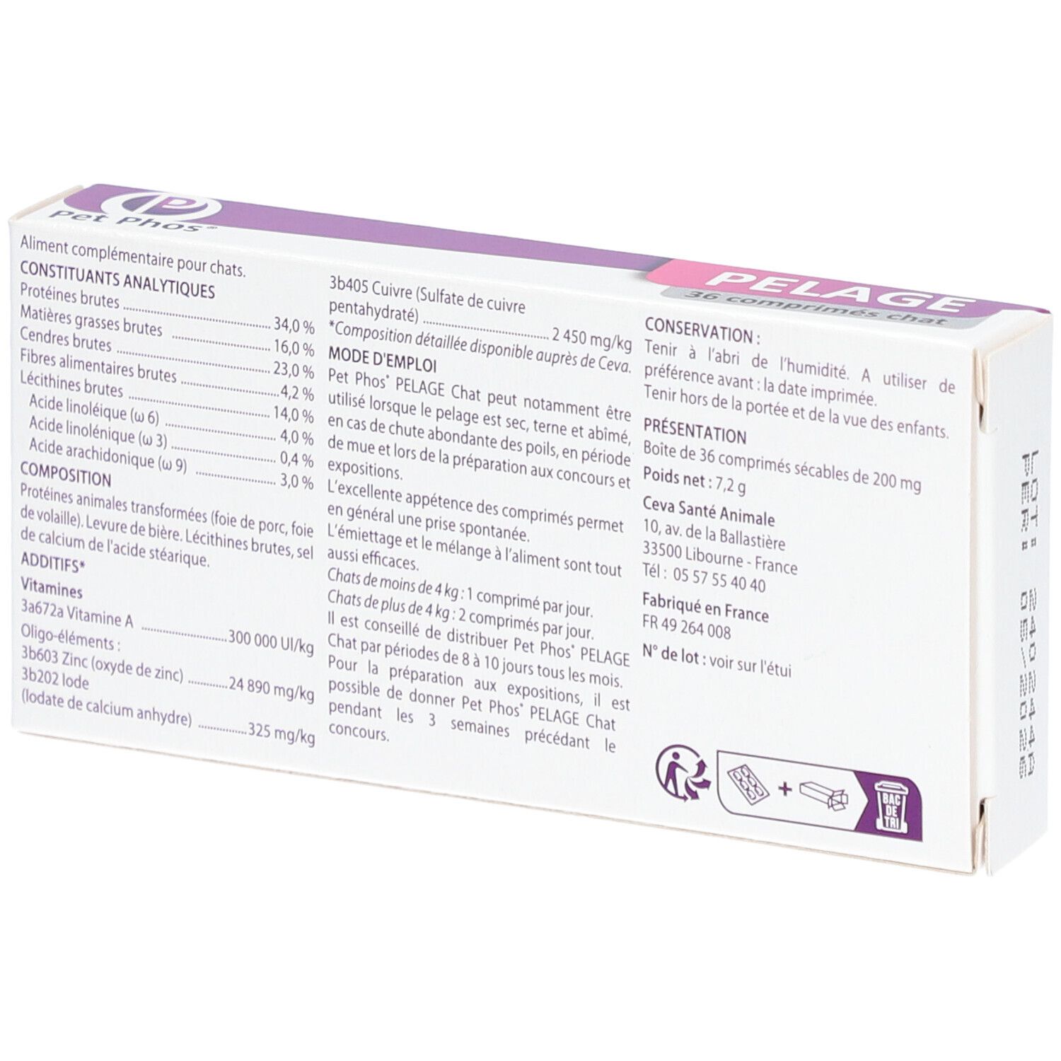 Rückseite der Verpackung. Text mit Inhaltsstoffen und Anwendungshinweisen. Marke: Pet Phos.