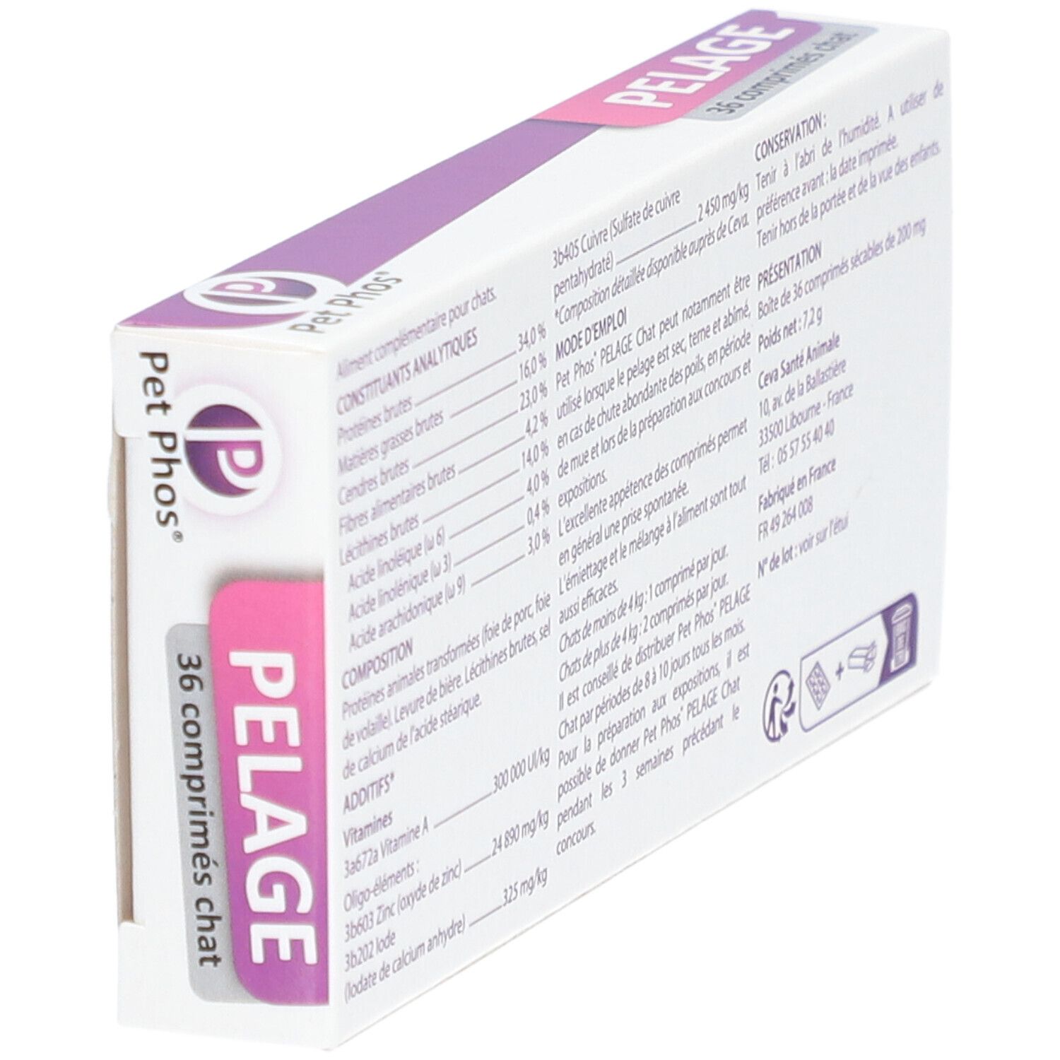Verpackung mit Text und Logo. Aufschrift: PELAGE, Pet Phos, 36 comprimés.