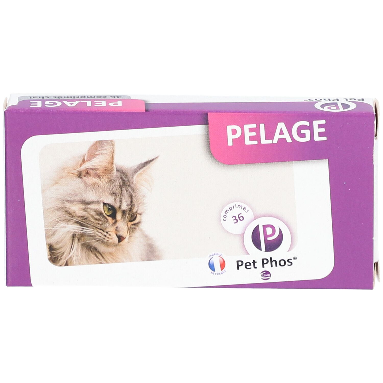 Verpackung mit Produktabbildung und Text. Aufschrift: PELAGE, Pet Phos, 36 comprimés.