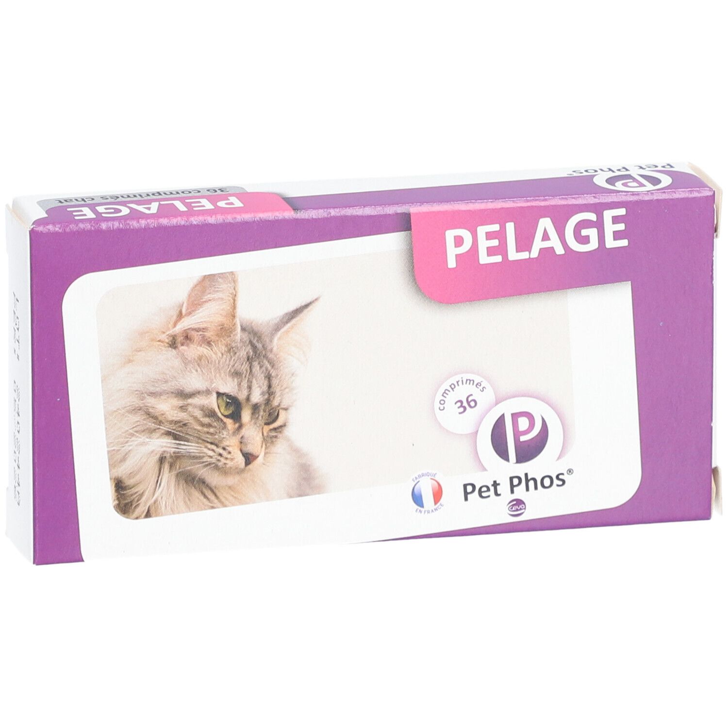 Verpackung mit Produktabbildung und Text. Aufschrift: PELAGE, Pet Phos, 36 comprimés.