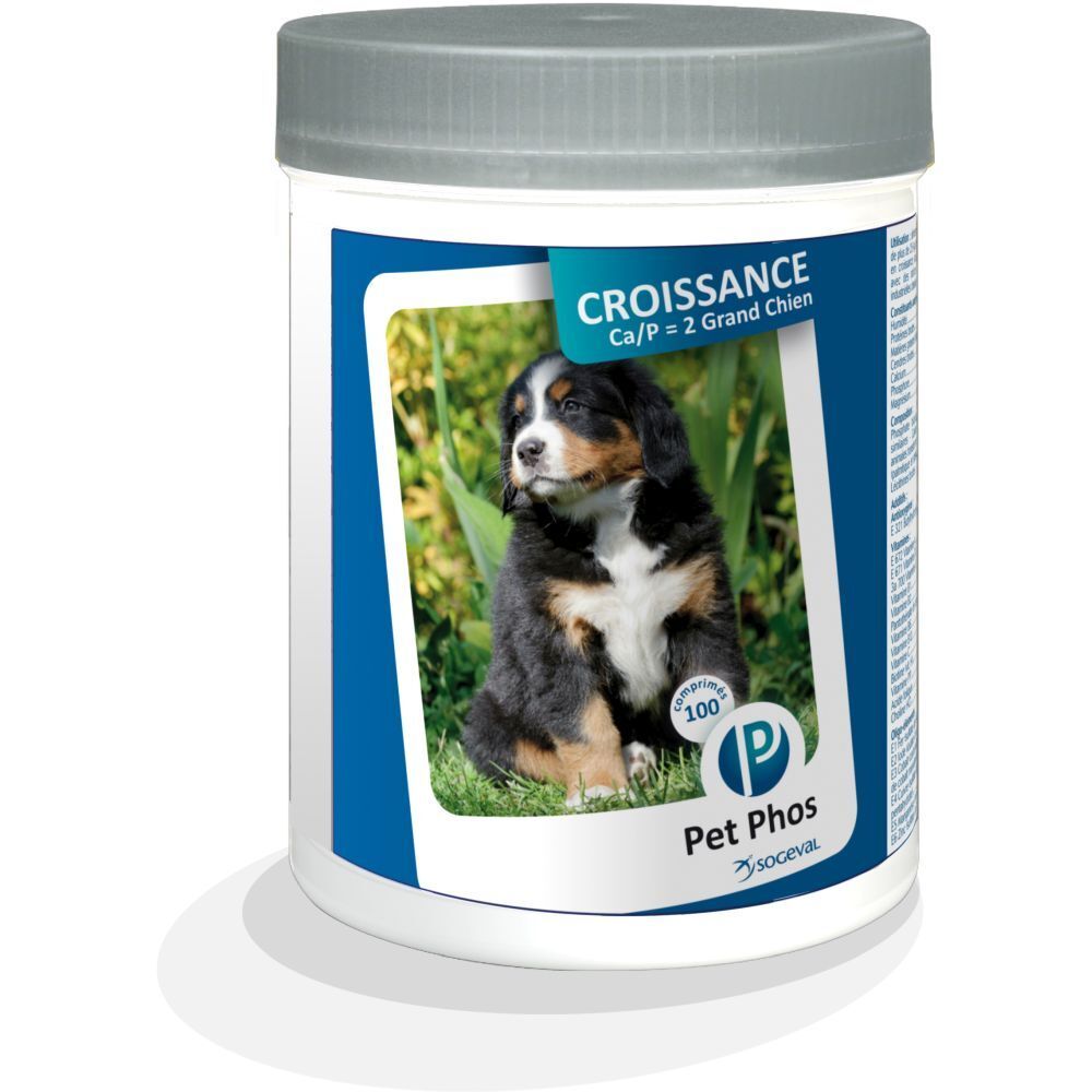 Pot blanc avec couvercle gris. Étiquette avec photo de chiot et nom du produit Pet Phos.