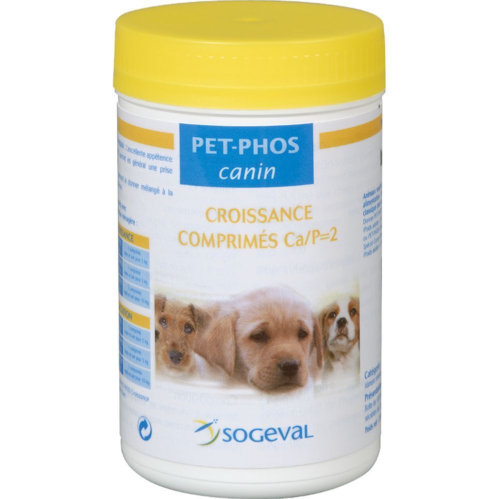 Pot blanc avec couvercle jaune. Inscription: PET-PHOS canin, Croissance, comprimés Ca/P=2. Image de chiots.