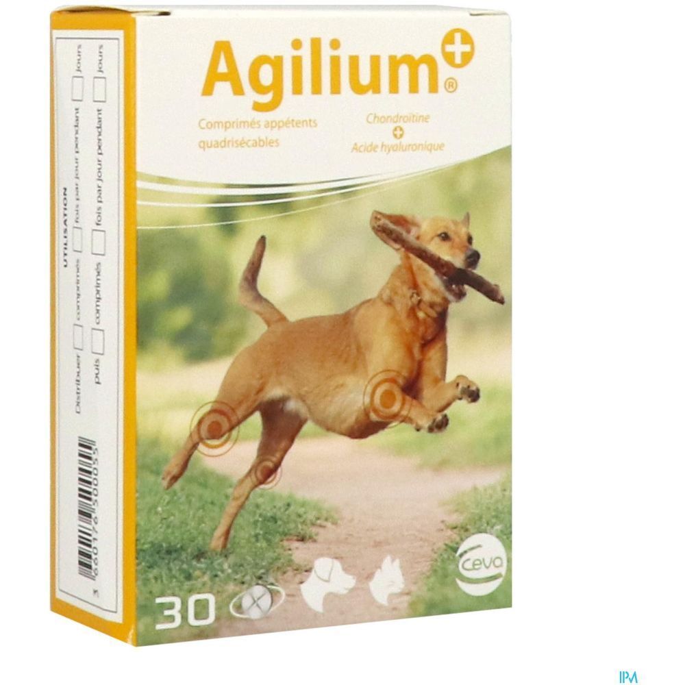 Boîte Agilium+. Chondroïtine, acide hyaluronique. 30 comprimés. Chien avec bâton. Logo Ceva. Texte sur l'emballage.