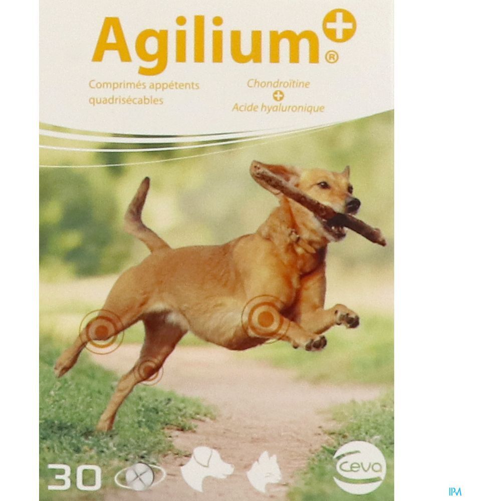 Boîte Agilium+. Chondroïtine, acide hyaluronique. 30 comprimés. Chien avec bâton. Logo Ceva. Texte sur l'emballage.