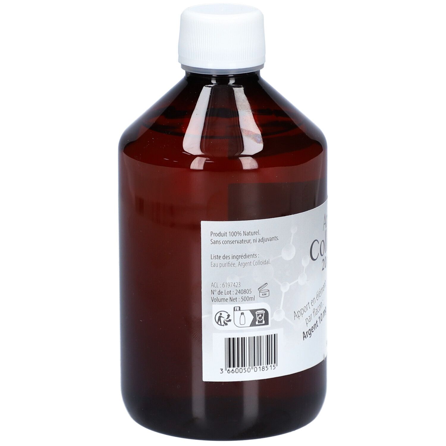 Flacon brun avec bouchon blanc. Dos avec étiquette et code-barres. Texte: 100% naturel.