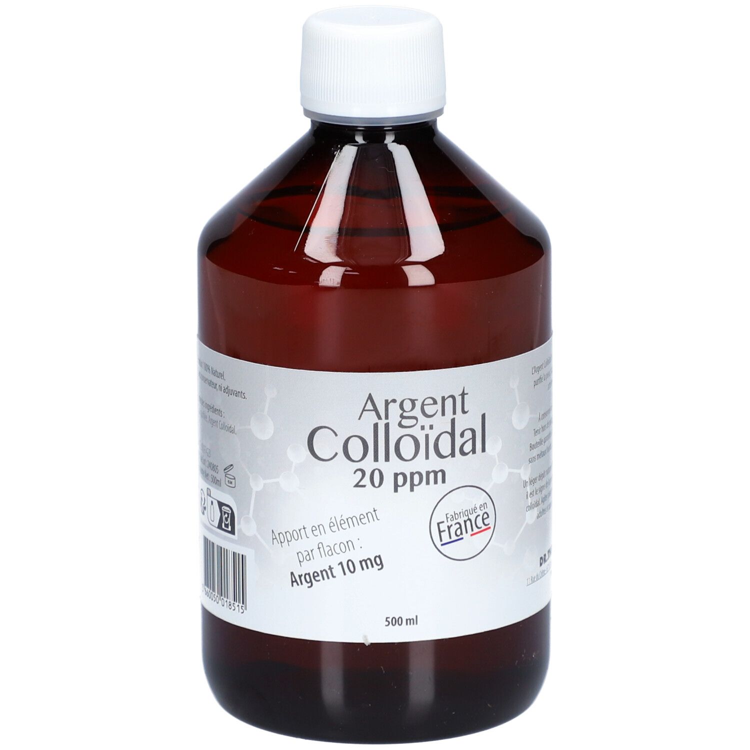 Flacon brun avec bouchon blanc. Inscription: Argent Colloïdal 20 ppm. Fabriqué en France.