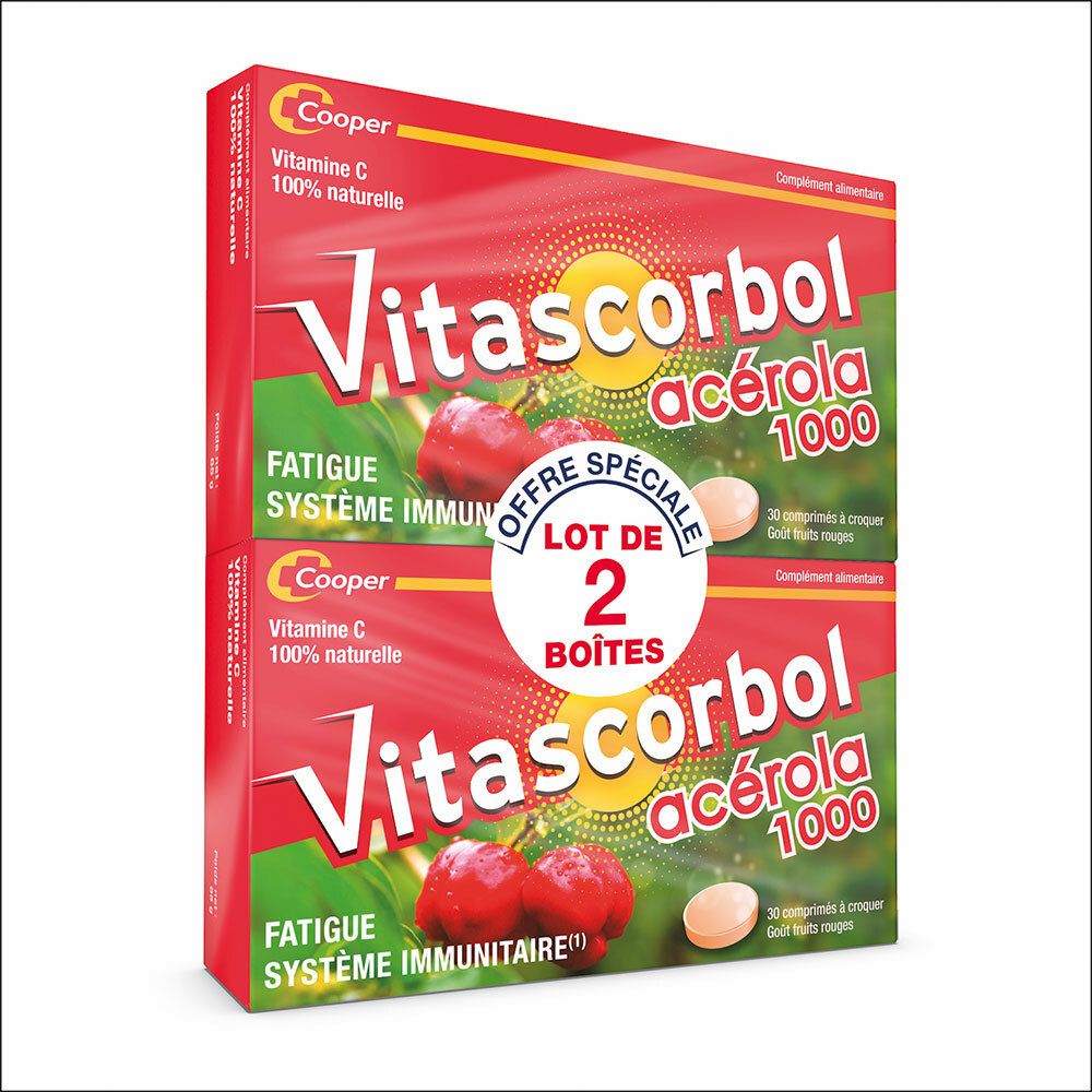 Vitascorbol Acerola 1000 - Complément alimentaire vitamine C - Tube de 30 comprimés lot de 2