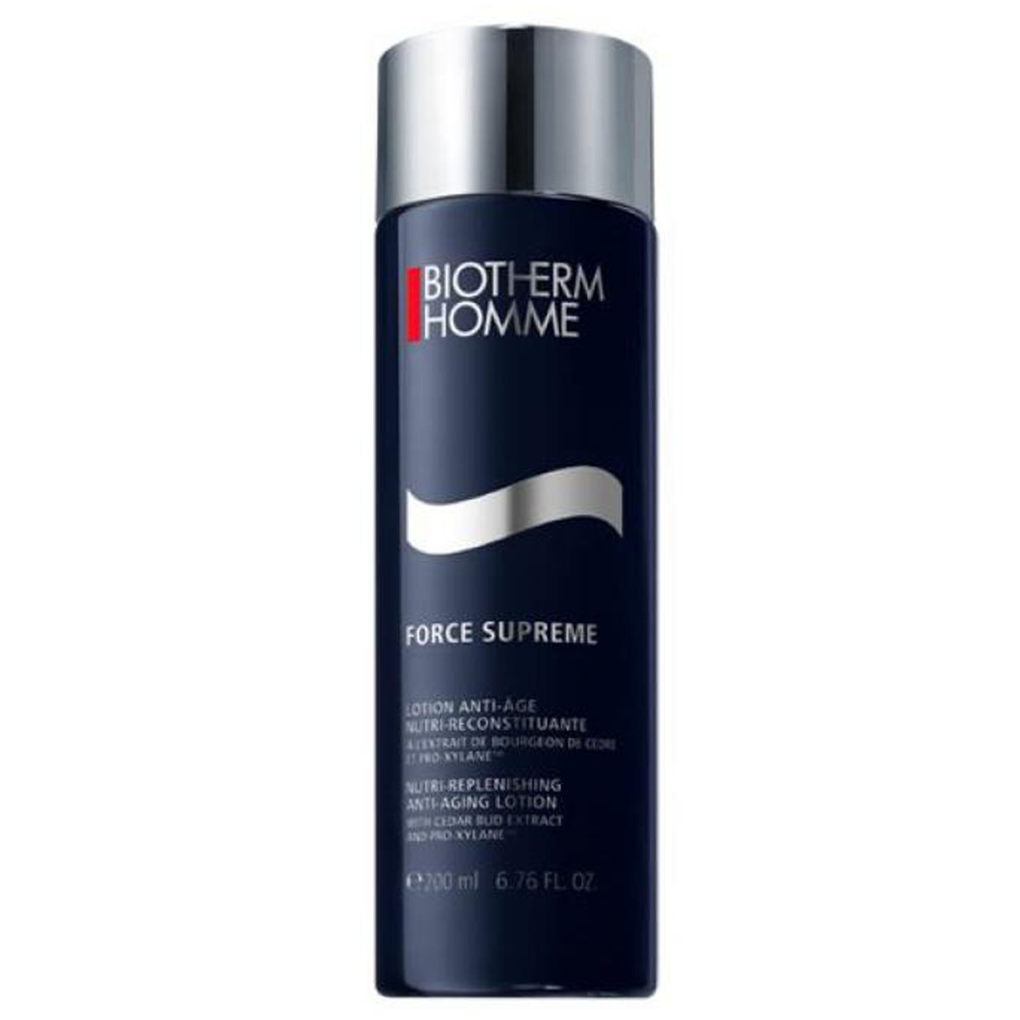 Flacon bleu foncé, bouchon argenté. Inscription: BIOTHERM HOMME, FORCE SUPREME, Lotion Anti-Âge. 200 ml.