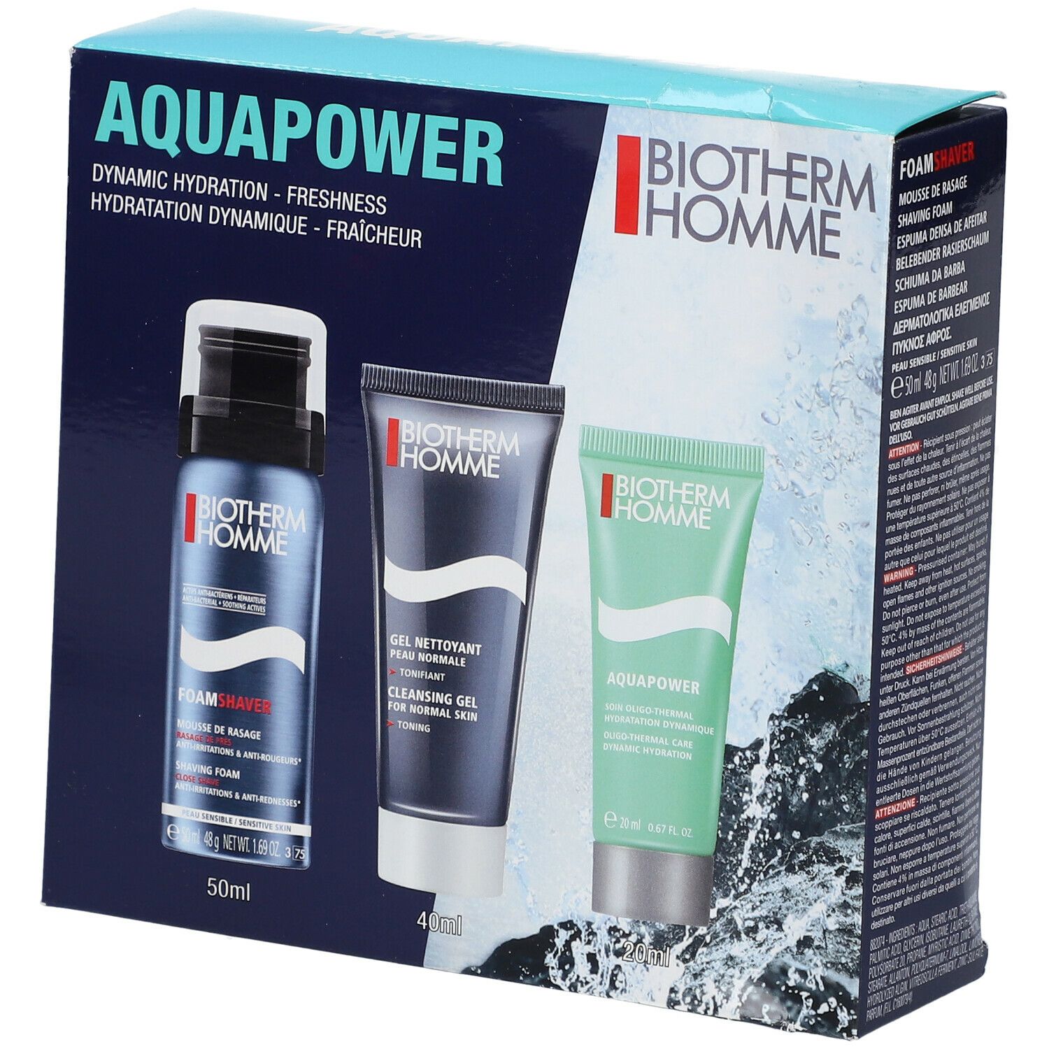 Coffret BIOTHERM HOMME. Contient mousse à raser, gel nettoyant et hydratant. Emballage avec nom et logo du produit.