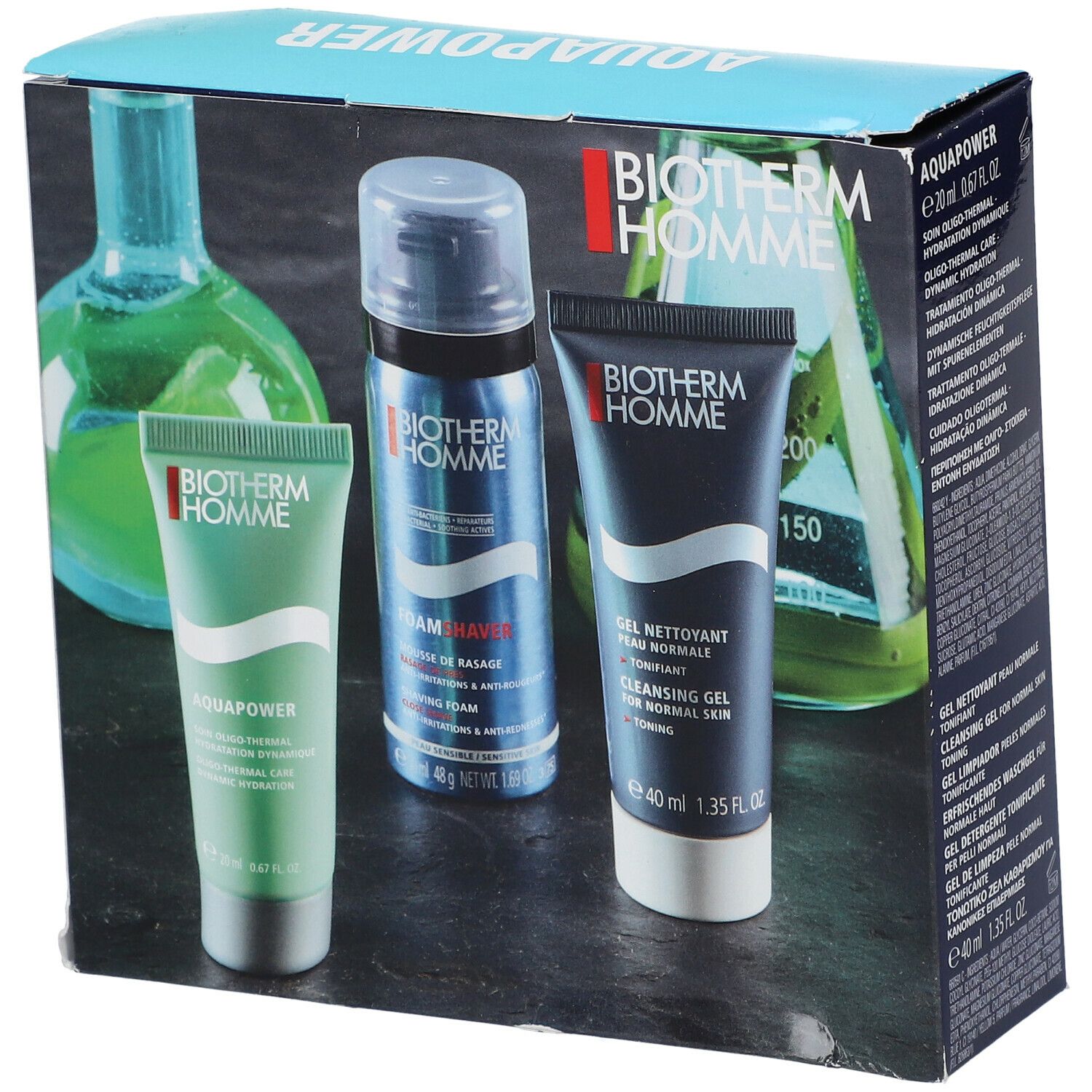 Coffret BIOTHERM HOMME. Contient mousse à raser, gel nettoyant et hydratant. Emballage avec nom et logo du produit.