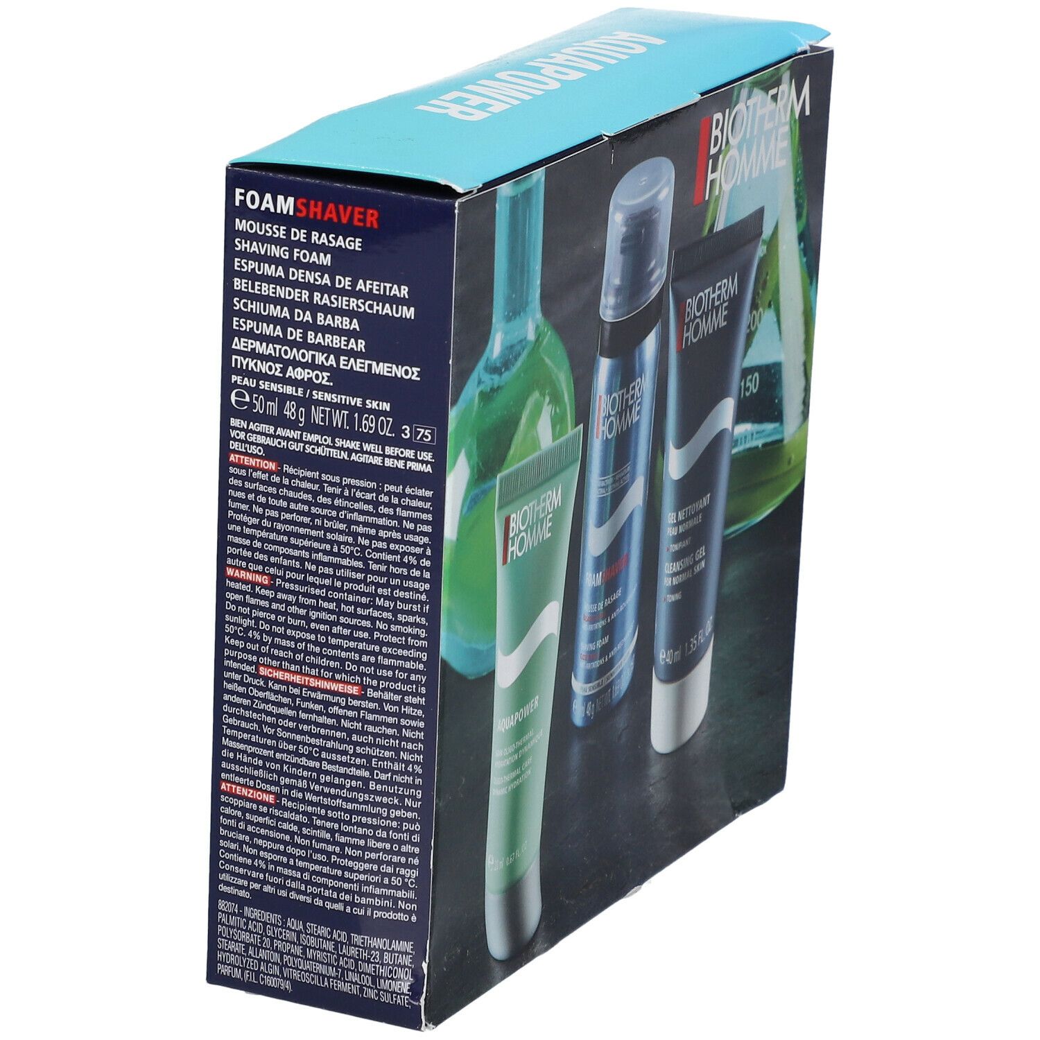 Coffret BIOTHERM HOMME. Contient mousse à raser, gel nettoyant et hydratant. Emballage avec nom et logo du produit.