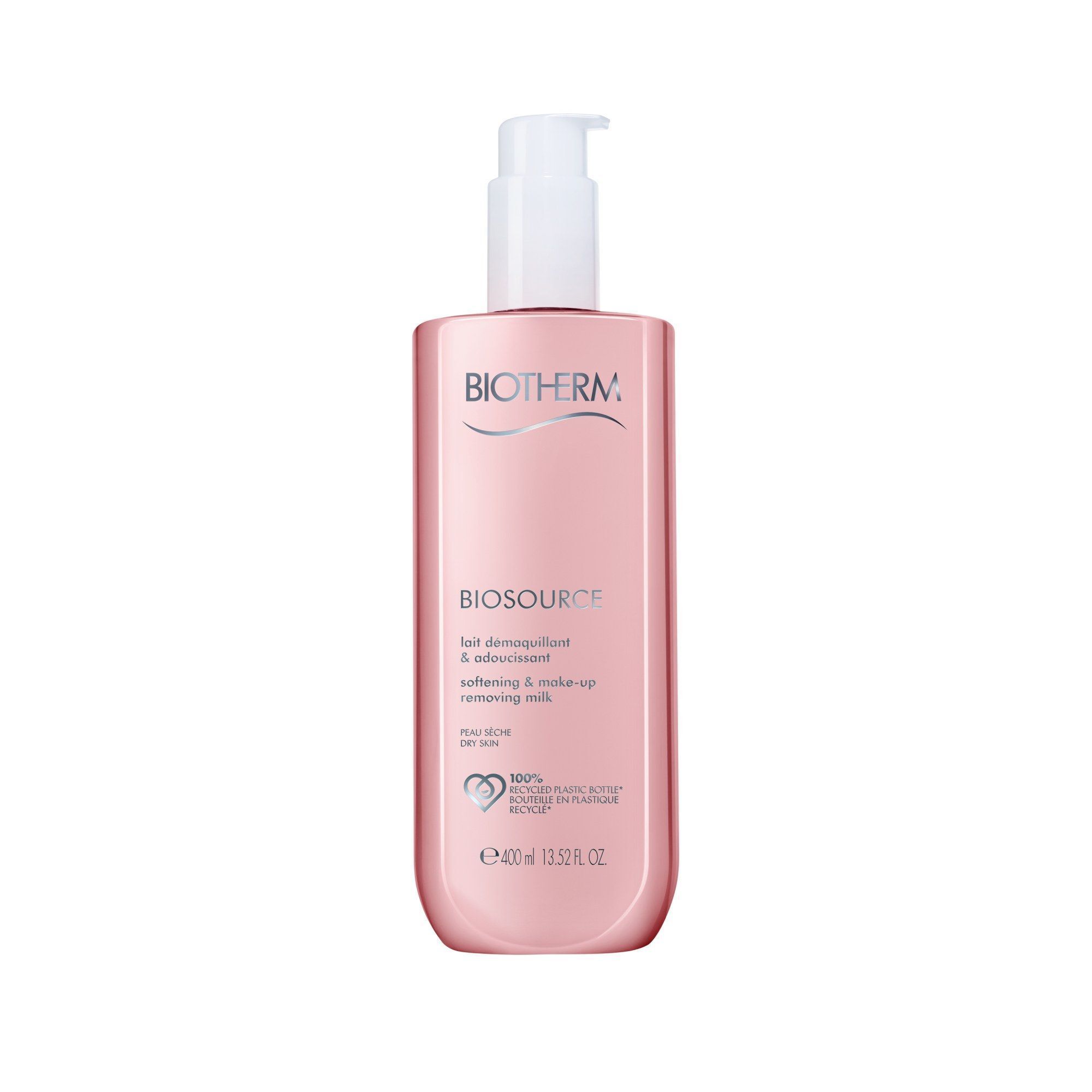 Flacon rose avec pompe blanche. Inscription: Biotherm Biosource. Lait démaquillant. 400 ml.