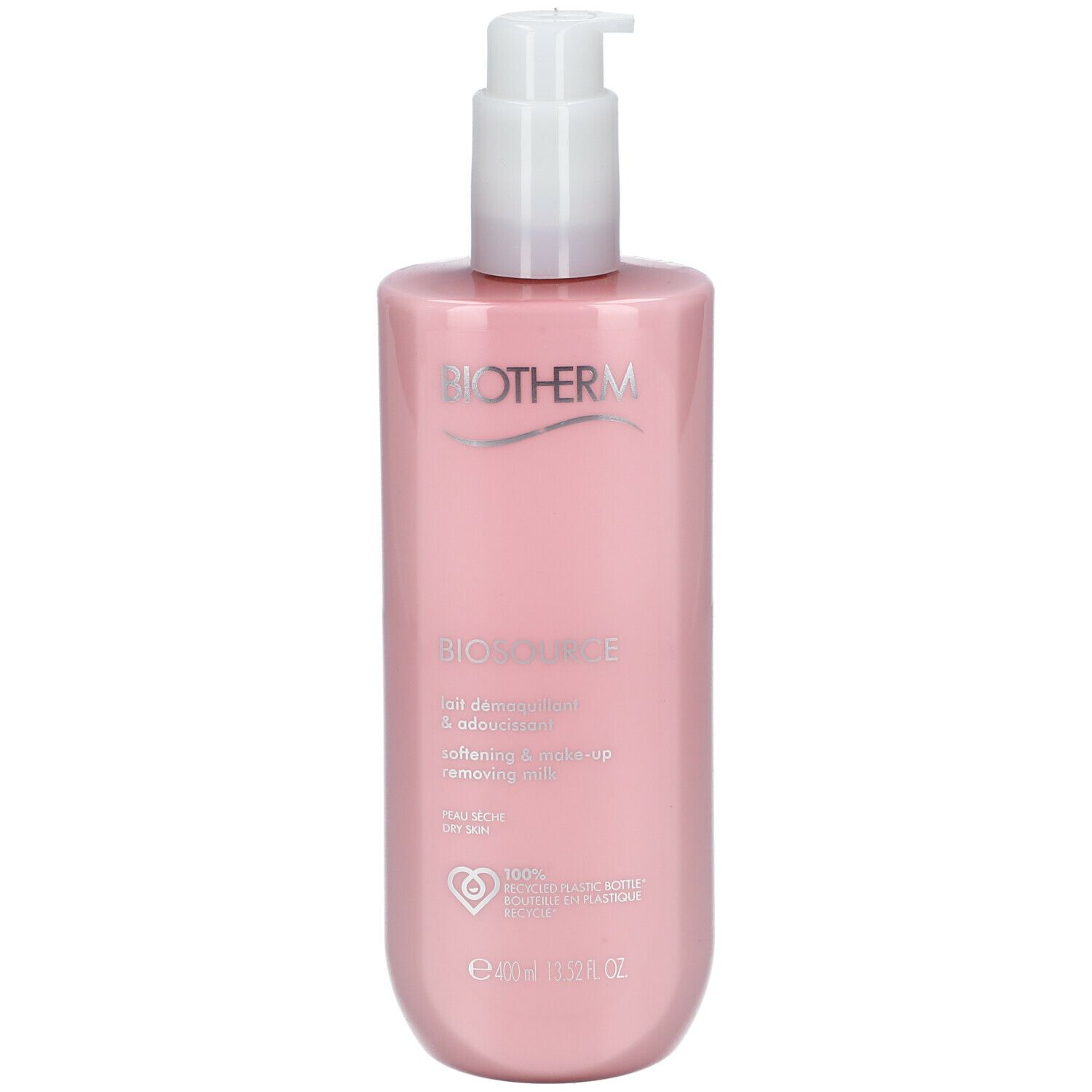 Flacon rose avec pompe blanche. Inscription: Biotherm Biosource. Lait démaquillant. Pour peau sèche.