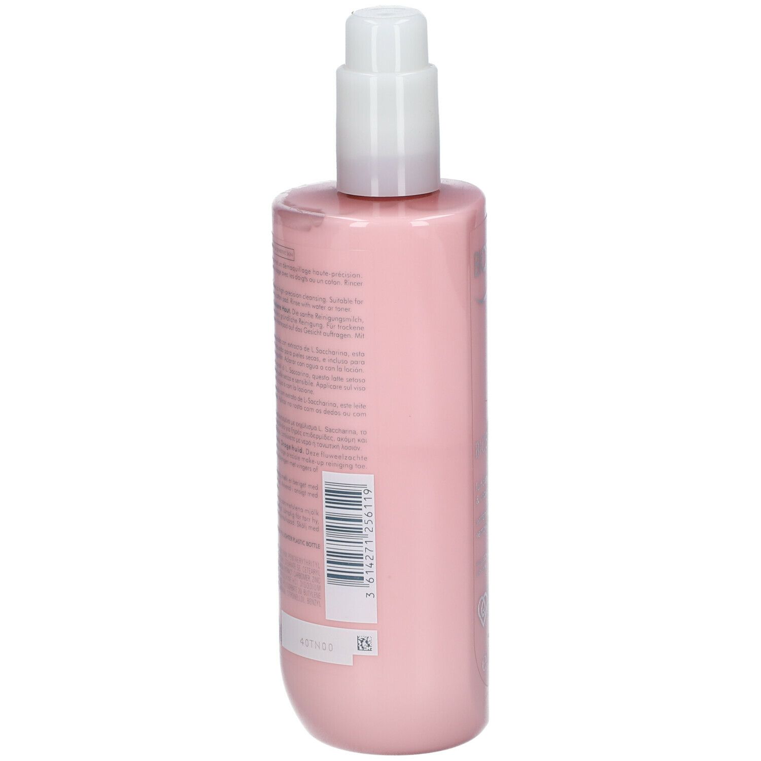 Dos du flacon rose avec pompe blanche. Texte en plusieurs langues.