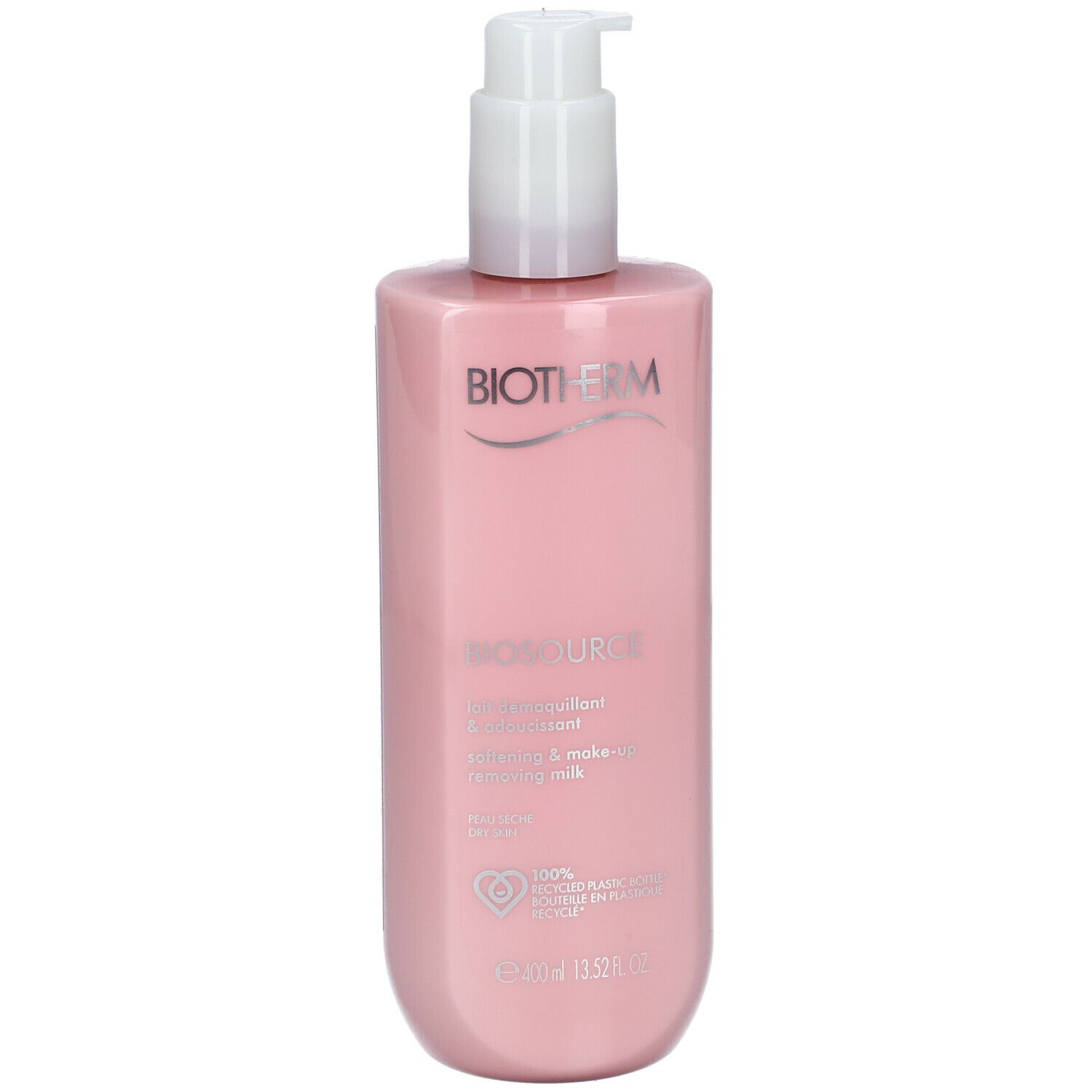 Flacon rose avec pompe blanche. Inscription: Biotherm Biosource. Lait démaquillant. 400 ml.