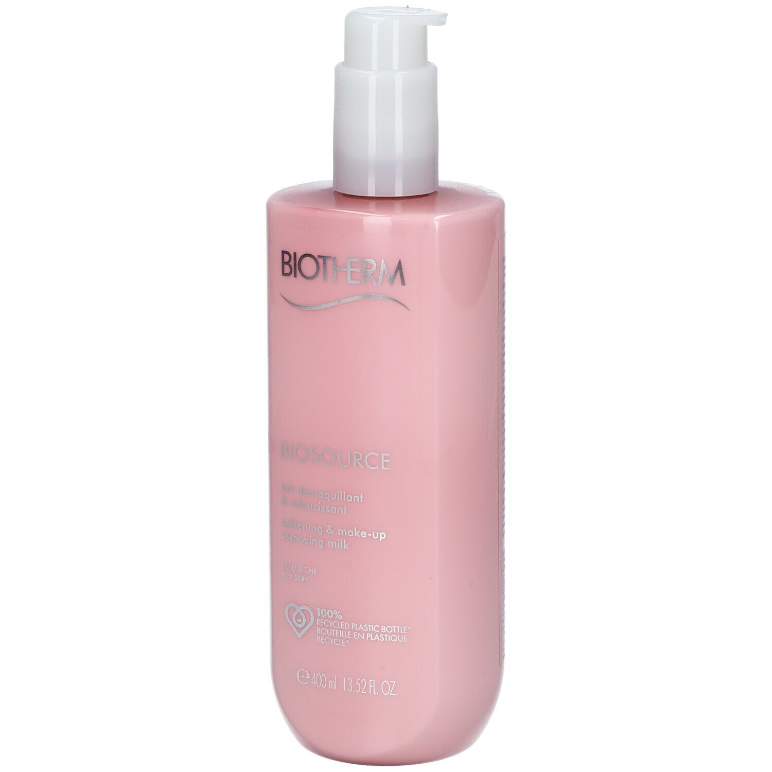 Flacon rose avec pompe blanche. Inscription: Biotherm Biosource. Lait démaquillant.