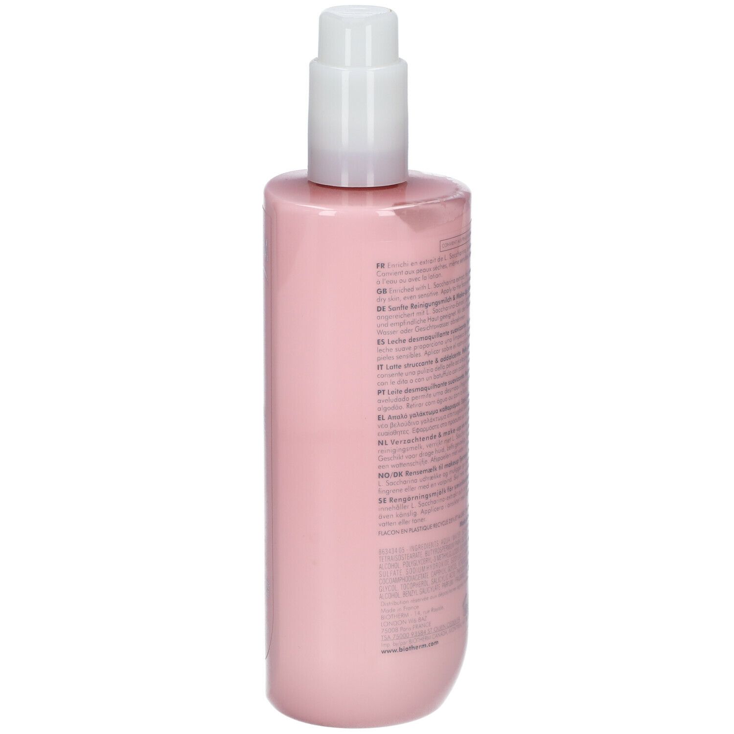Dos du flacon rose avec pompe blanche. Texte en plusieurs langues.