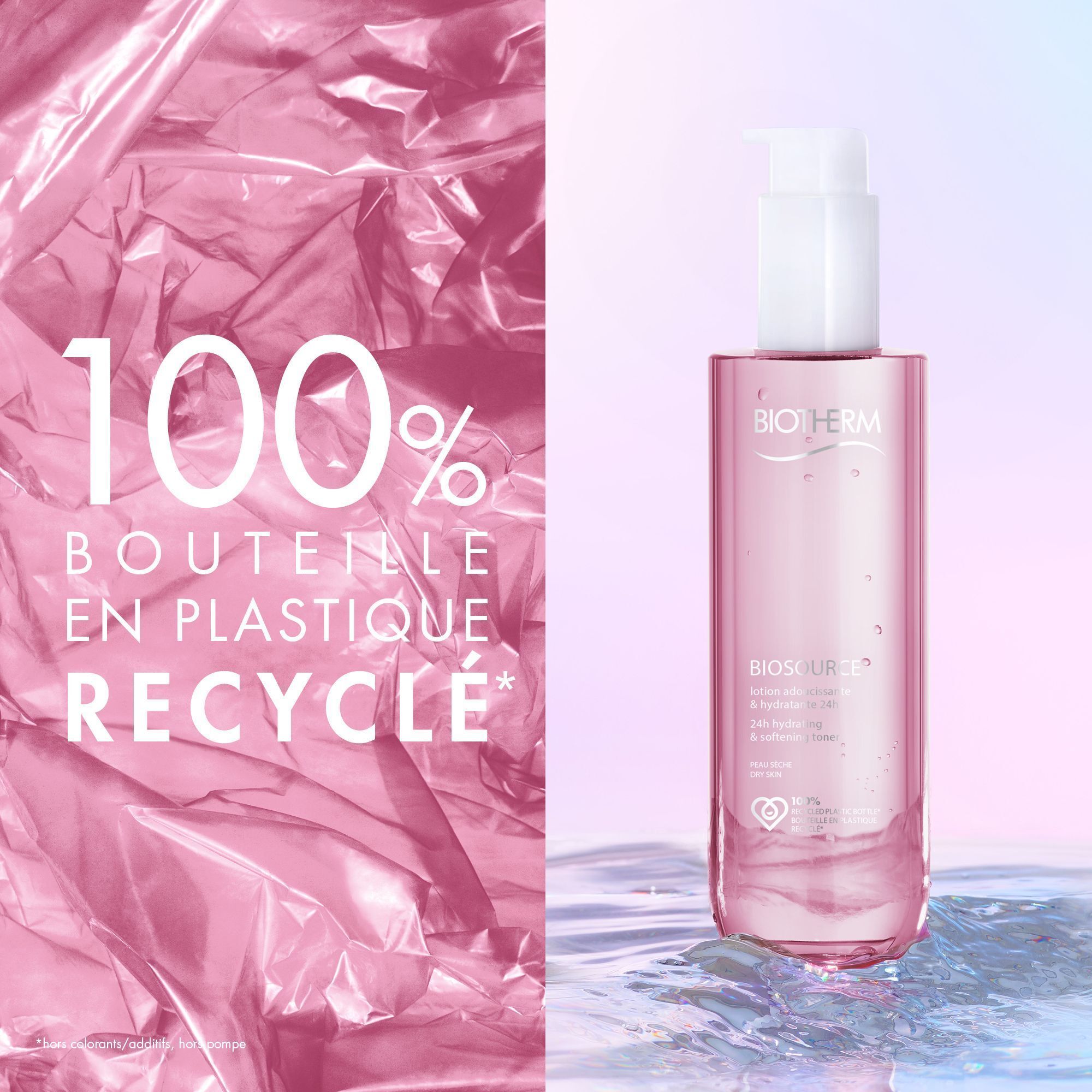 Flacon rose avec pompe blanche. Inscription: Biotherm Biosource. Bouteille en plastique recyclé à 100%.