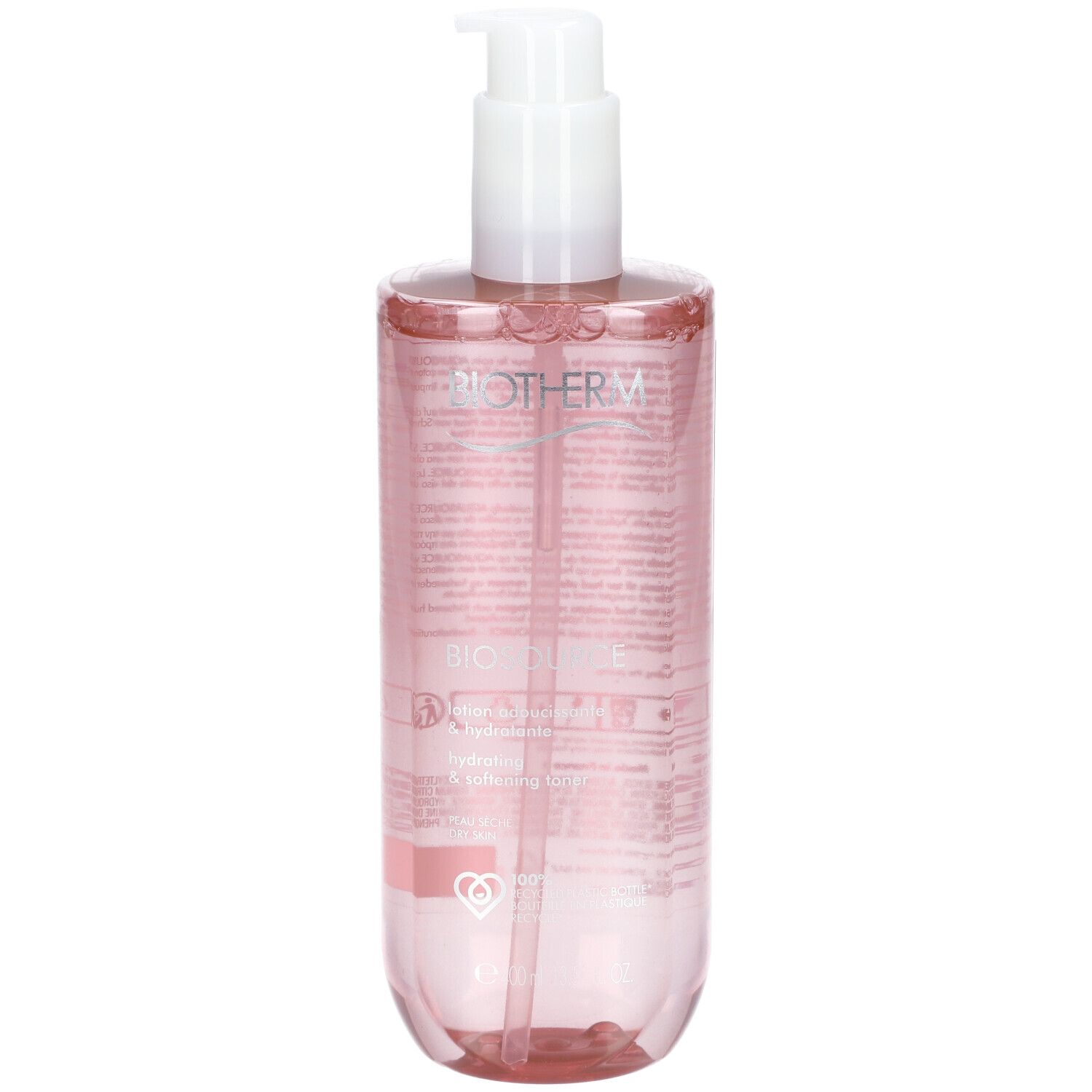 BIOTHERM Biosource Lotion. Flacon rose avec pompe blanche. Informations produit sur le flacon.