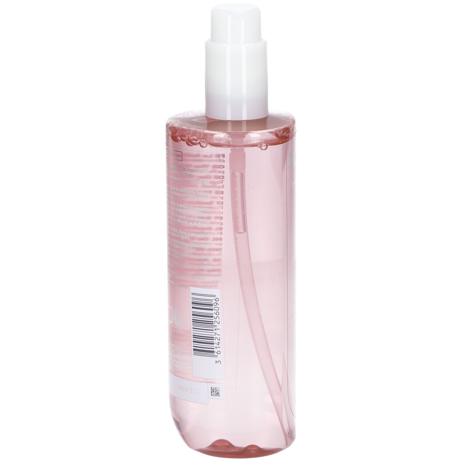 BIOTHERM Biosource Lotion. Dos du flacon rose avec pompe blanche. Texte et code-barres.