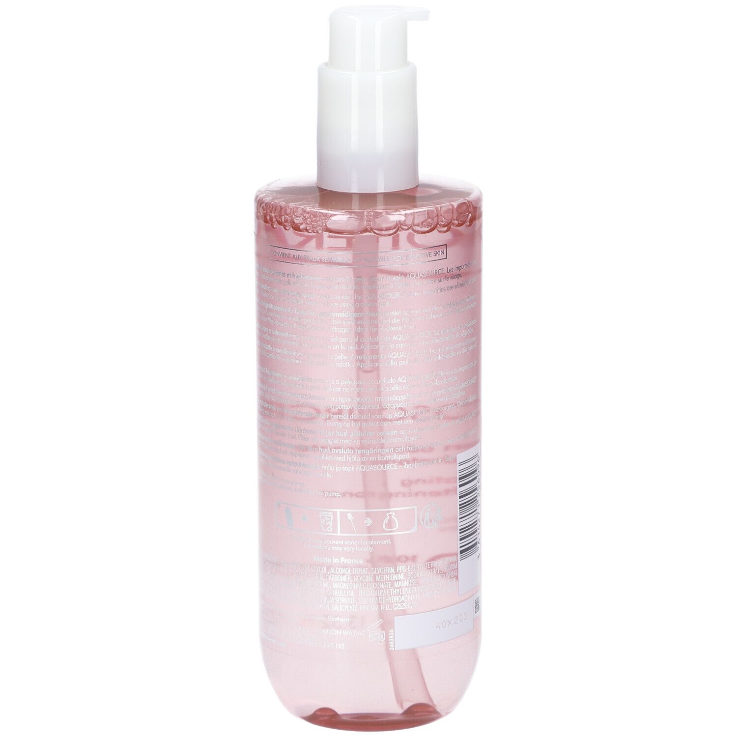BIOTHERM Biosource Lotion. Dos du flacon rose avec pompe blanche. Texte et symboles.
