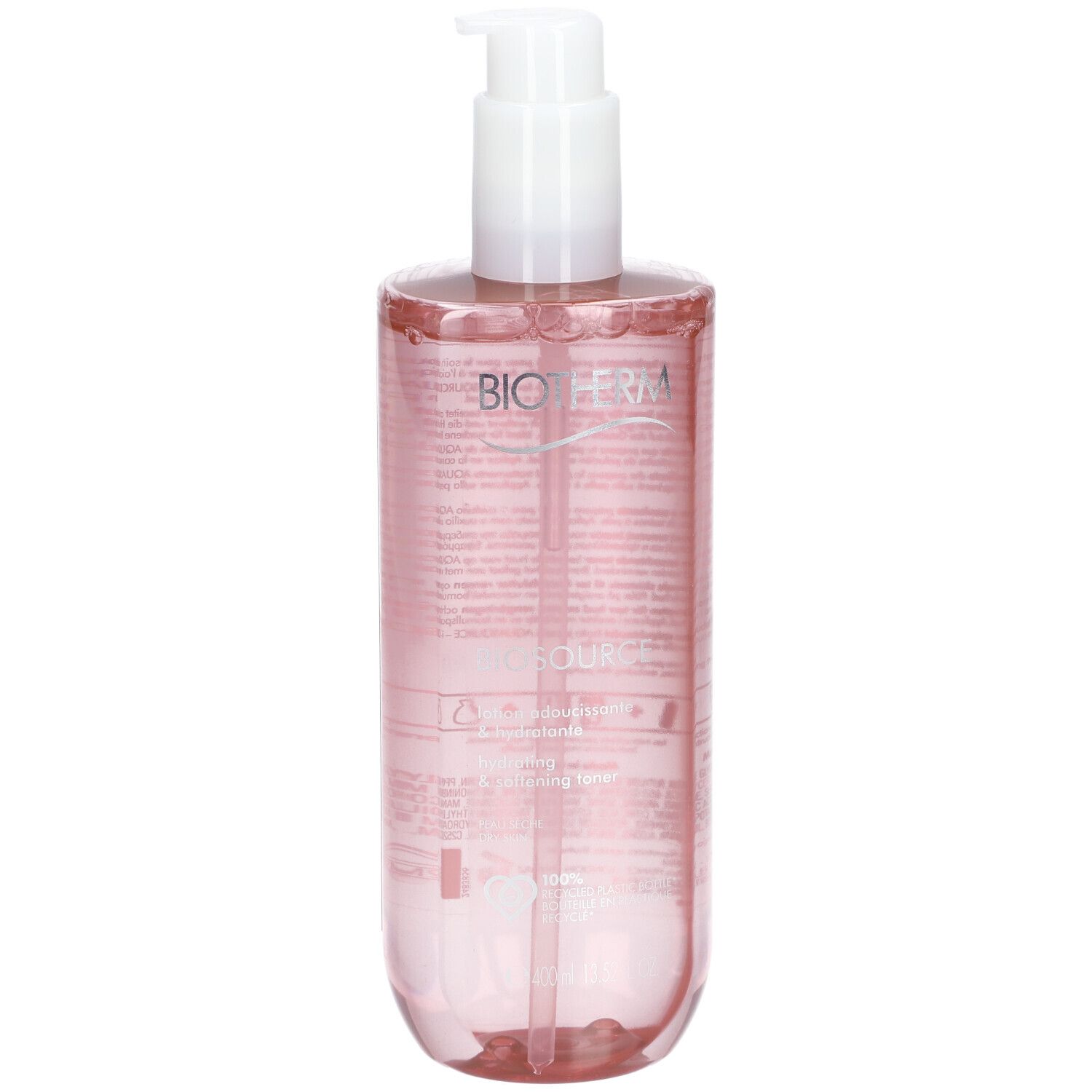 BIOTHERM Biosource Lotion. Dos du flacon rose avec pompe blanche. Texte et symboles.