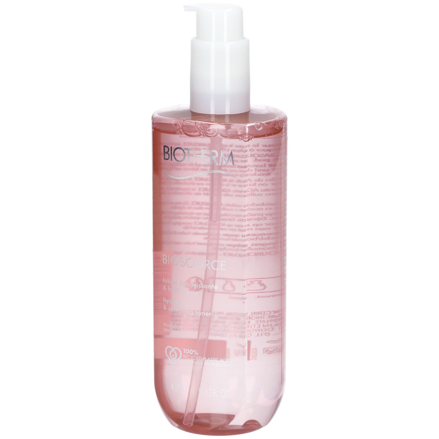 BIOTHERM Biosource Lotion. Dos du flacon rose avec pompe blanche. Texte et symboles.