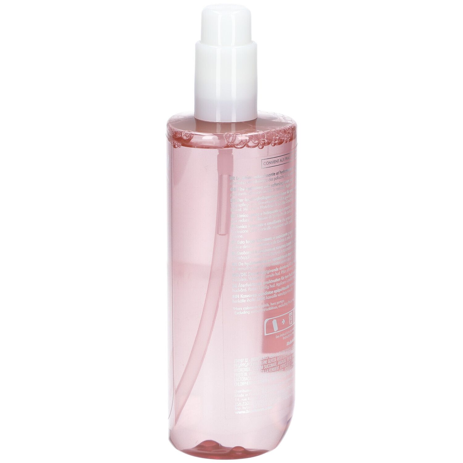 BIOTHERM Biosource Lotion. Côté du flacon rose avec pompe blanche. Flacon transparent.