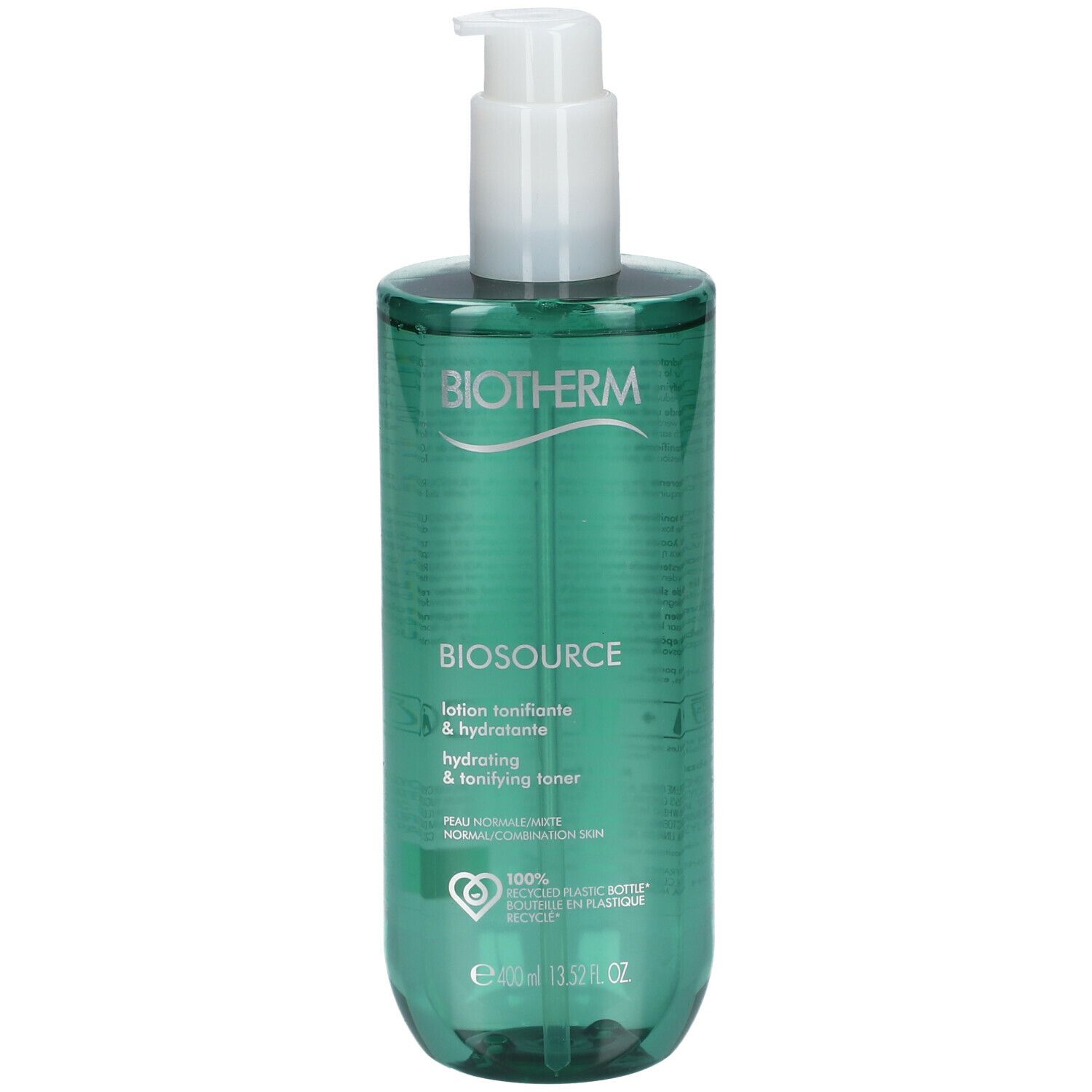 Grüne Flasche mit weißem Pumpkopf. Aufschrift: Biotherm Biosource. 400ml. 100% recycelte Flasche.