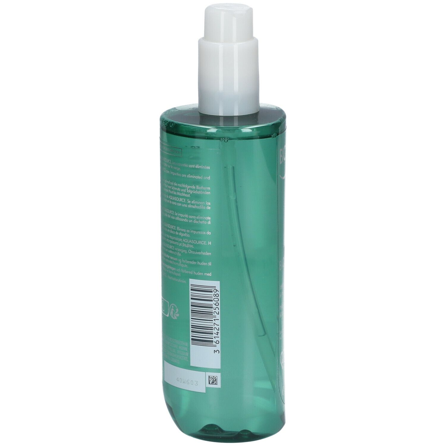Rückseite der grünen Flasche mit Text. Aufschrift: Biotherm Biosource. 400ml.