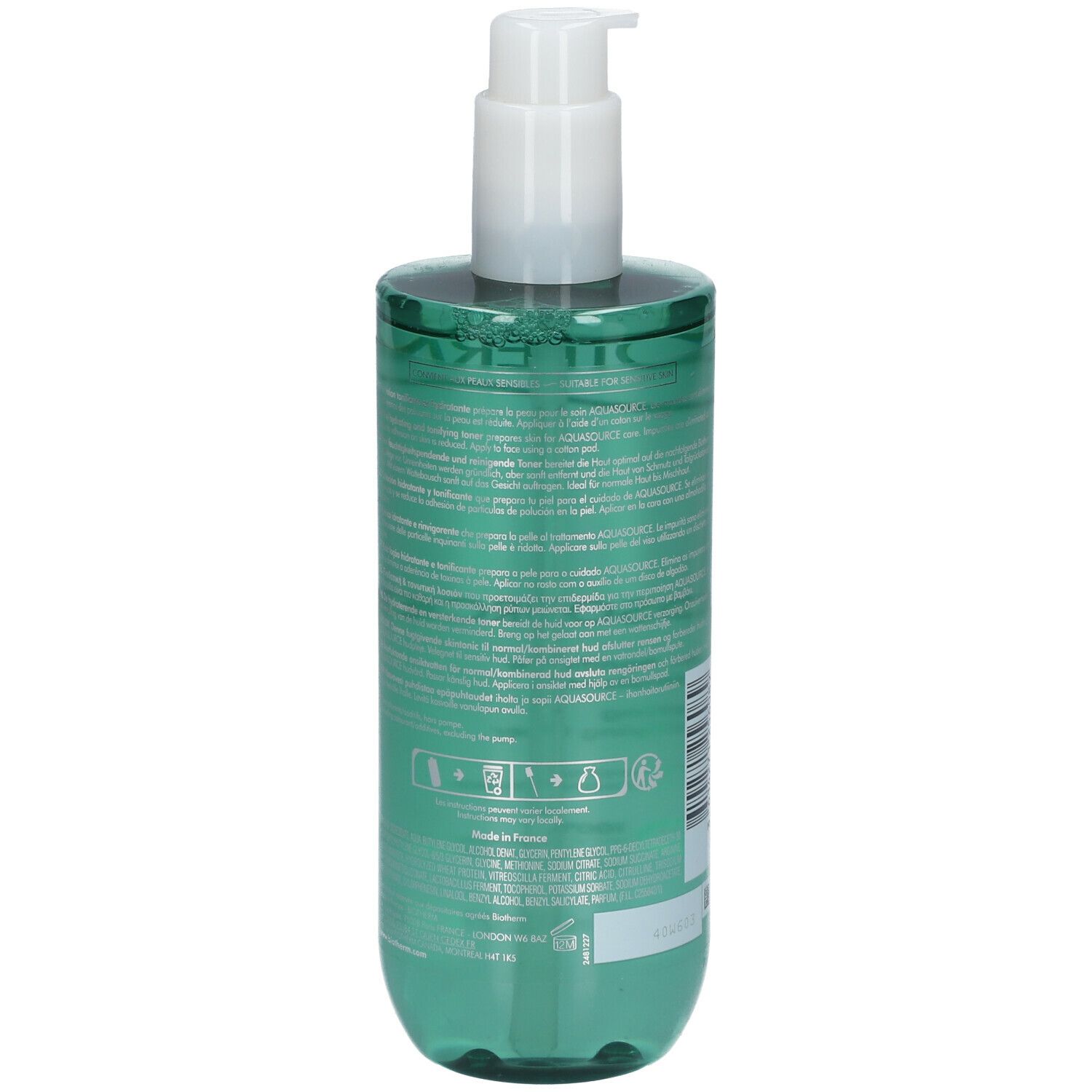 Rückseite der grünen Flasche mit Text. Aufschrift: Biotherm Biosource. 400ml.