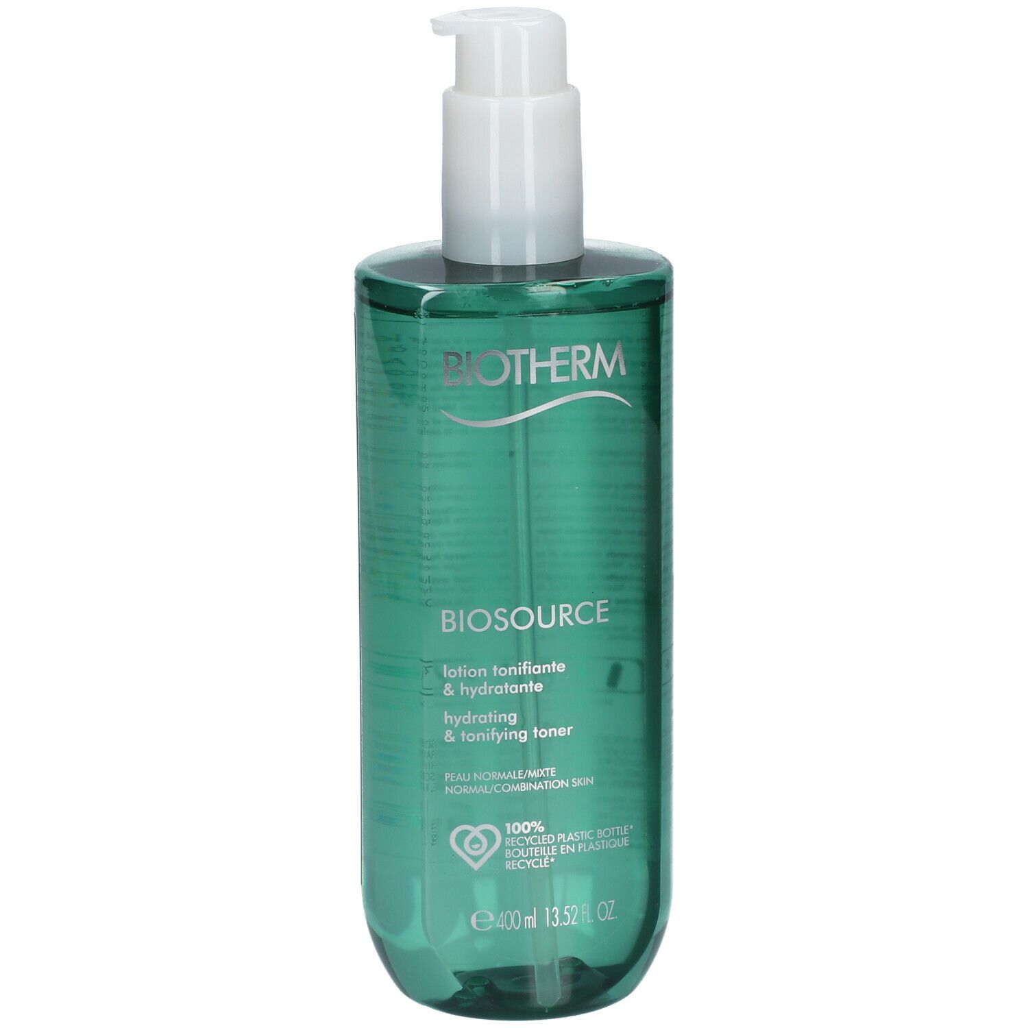 Grüne Flasche mit weißem Pumpkopf. Aufschrift: Biotherm Biosource. 400ml. 100% recycelte Flasche.