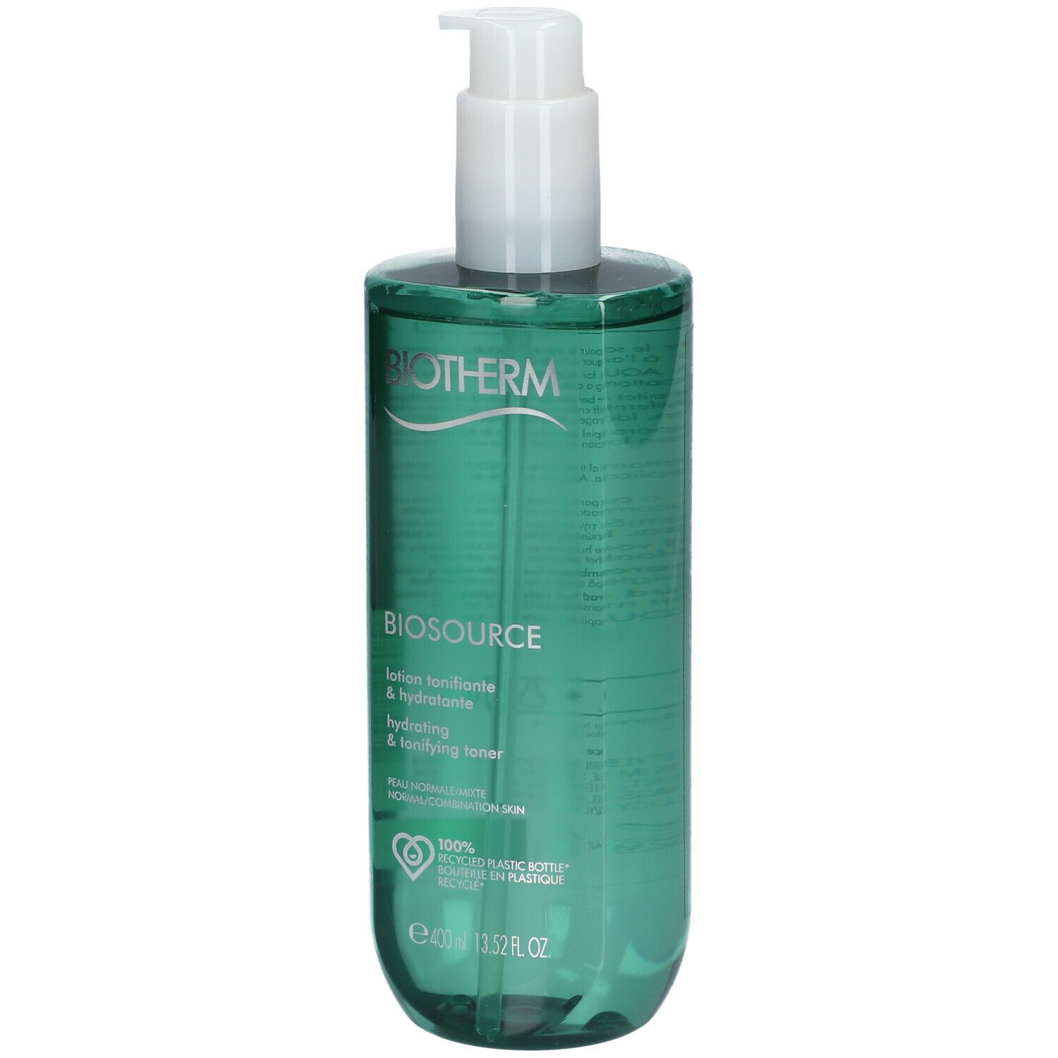 Grüne Flasche mit weißem Pumpkopf. Aufschrift: Biotherm Biosource. 400ml. 100% recycelte Flasche.