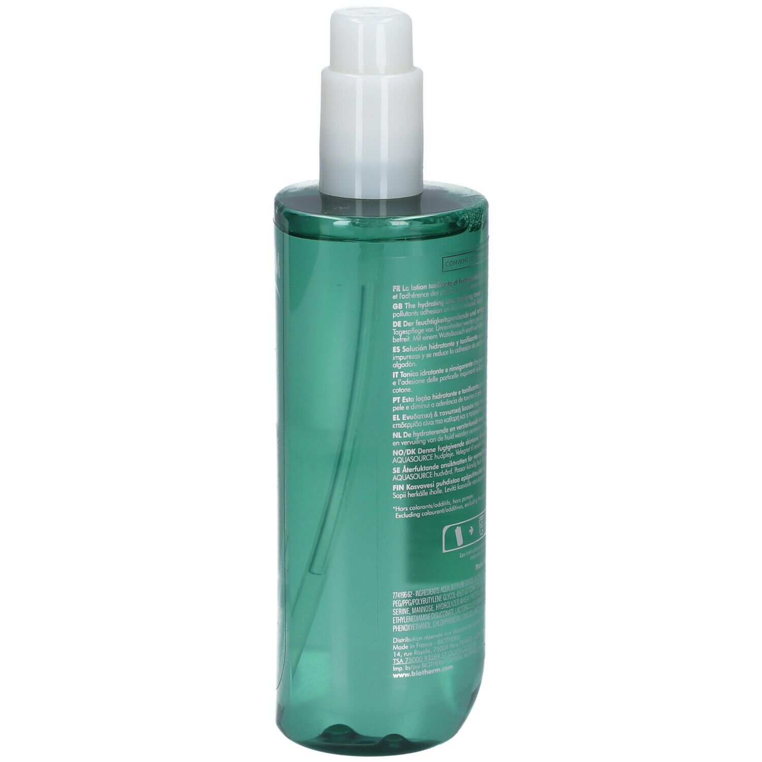 Rückseite der grünen Flasche mit Text. Aufschrift: Biotherm Biosource. 400ml.