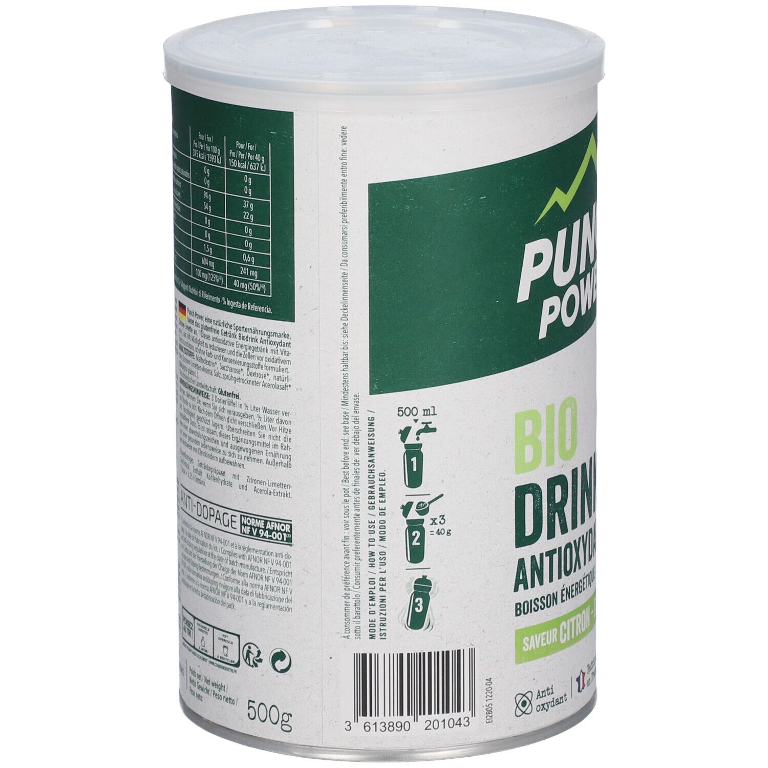 Rückseite einer Dose PUNCH POWER Bio Drink Zitrone-Limette, 500g. Mit Nährwertangaben und Zubereitungshinweisen.