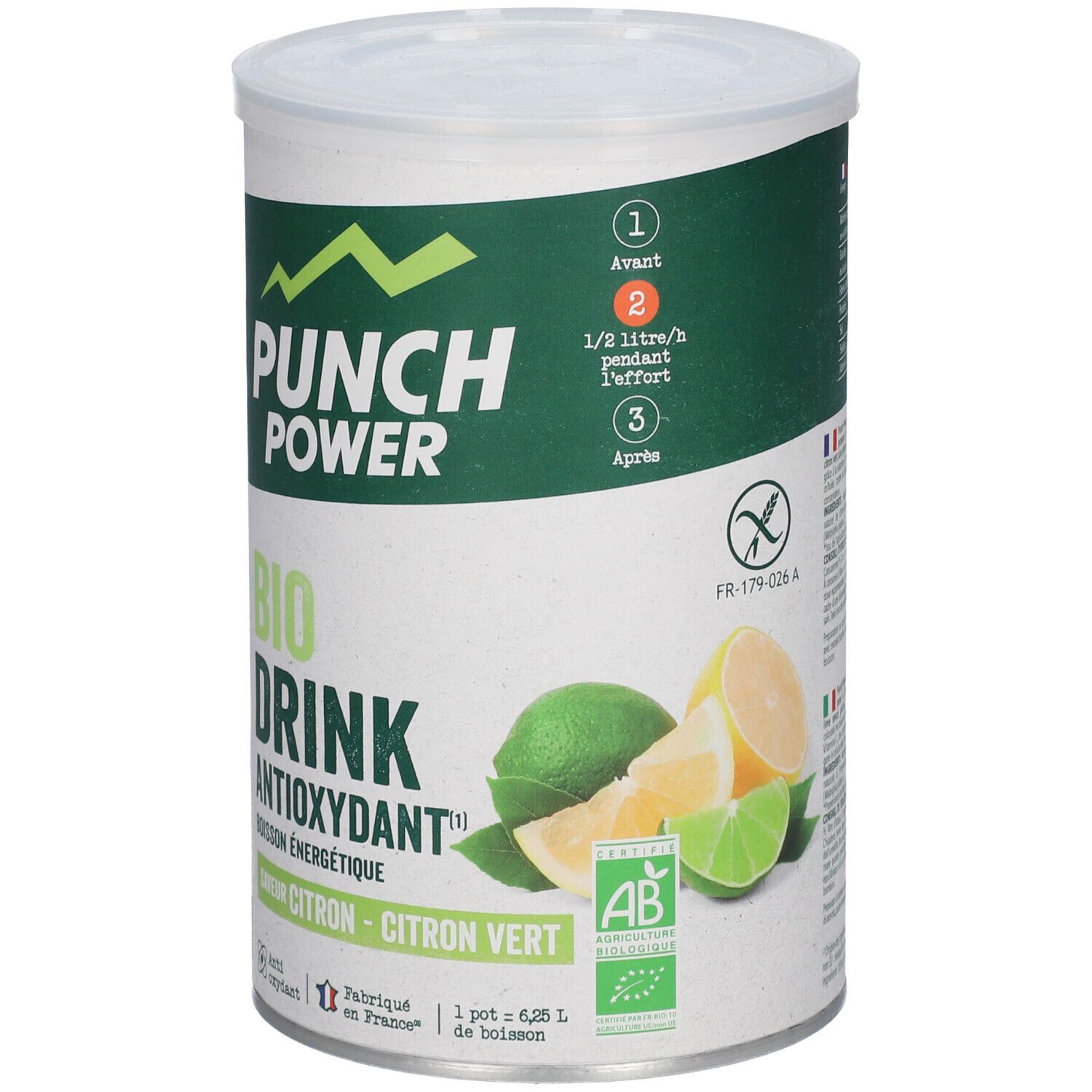 Dose PUNCH POWER Bio Drink Zitrone-Limette, 500g. Mit Zitronen- und Limettenscheiben und Bio-Siegel.