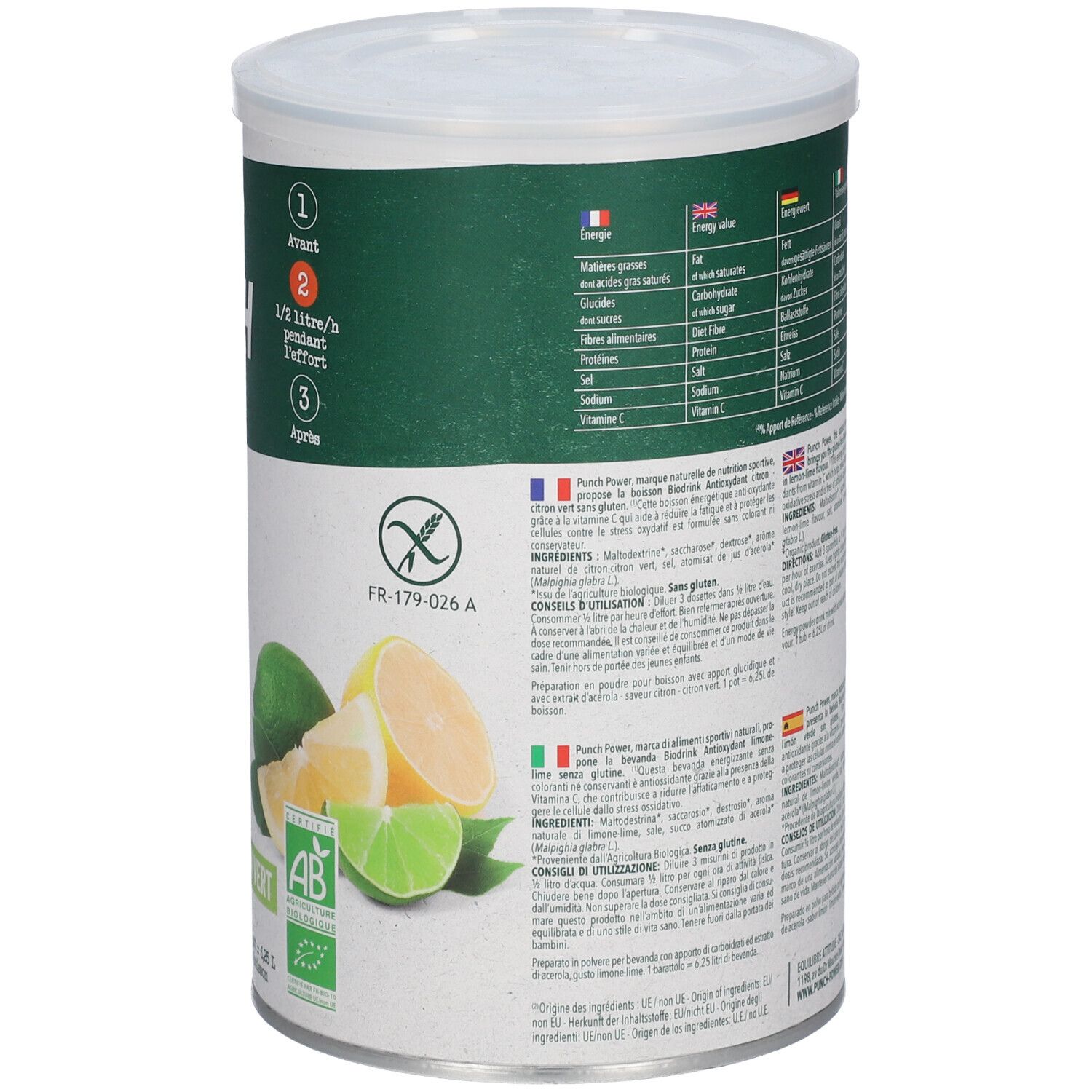 Dose PUNCH POWER Bio Drink Zitrone-Limette, 500g. Mit Zitronen- und Limettenscheiben und Bio-Siegel.