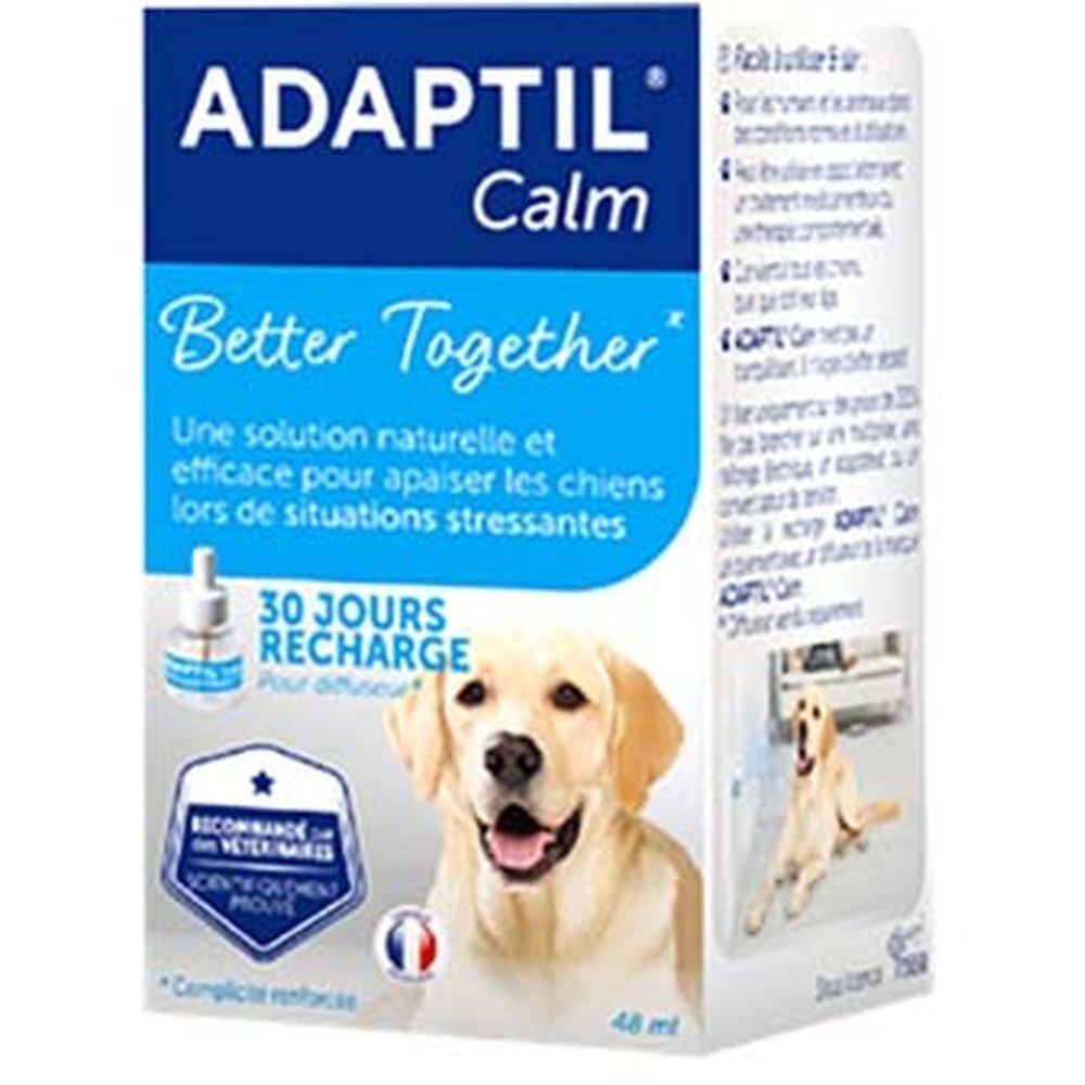 Recharge Adaptil Calm pour diffuseur. Boîte avec image de produit et chien. Texte: Better Together, 30 jours recharge.