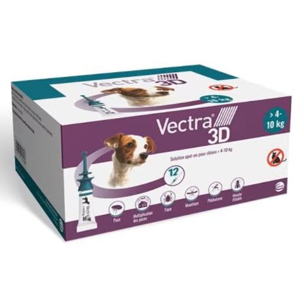 Boîte de Vectra 3D pour chiens 4-10 kg. Contient 12 doses. Image d'un chien et nom du produit.