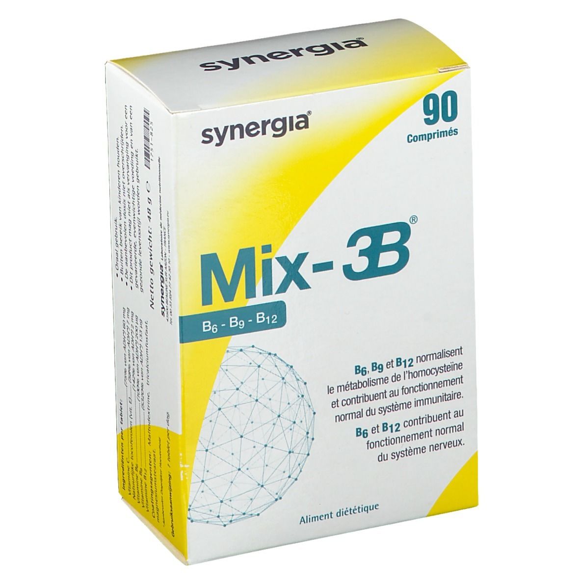 Boîte de Mix-3B, 90 comprimés. Emballage jaune et blanc avec nom et logo du produit.