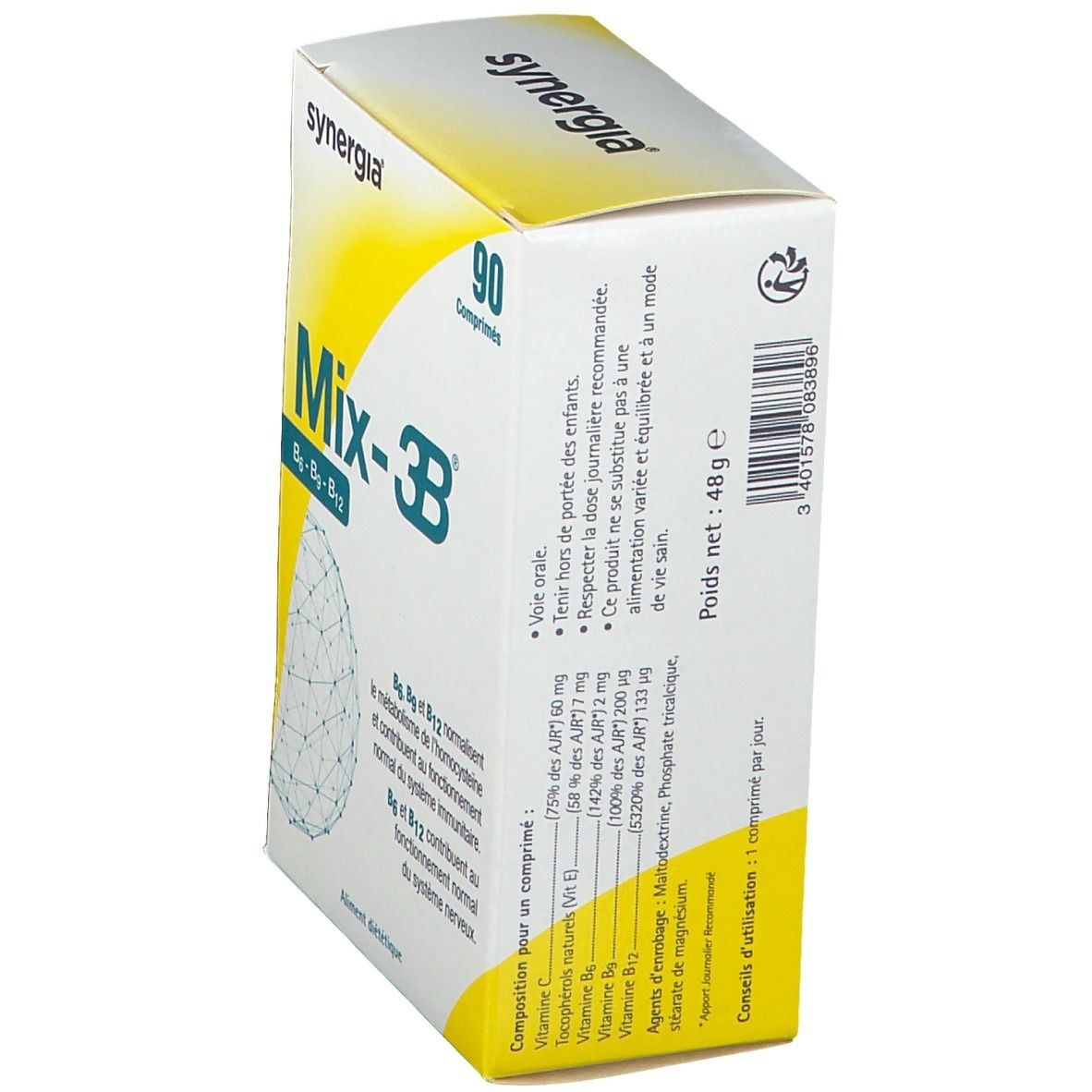 Dos de la boîte Mix-3B. Contient des informations sur les ingrédients et le dosage.