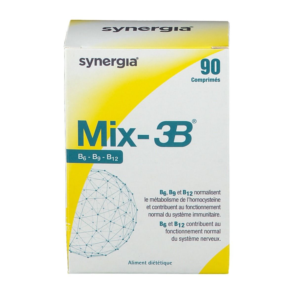 Vue de face de la boîte Mix-3B. Emballage jaune et blanc avec nom et logo du produit.