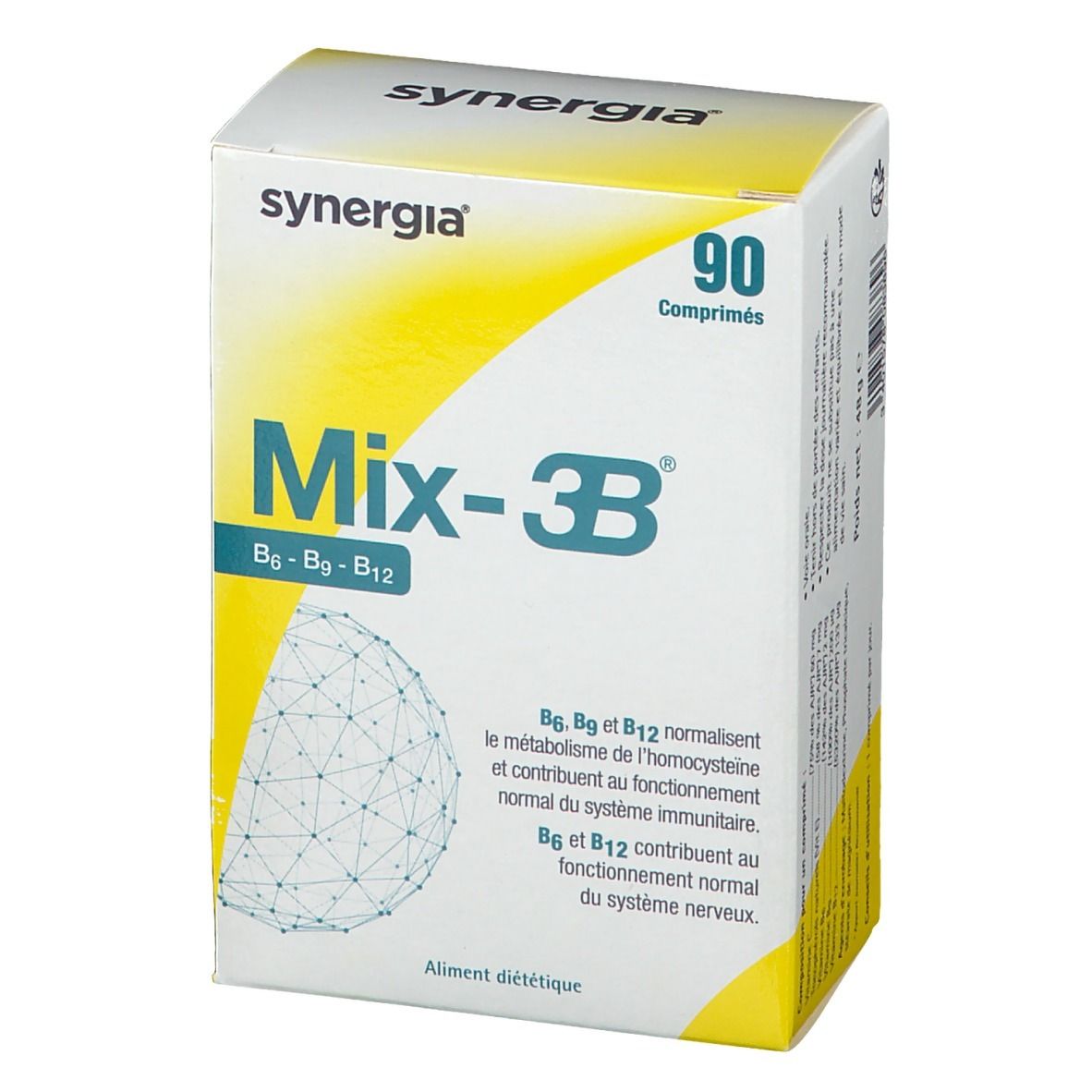 Boîte Mix-3B, légèrement en biais. Emballage jaune et blanc avec nom et logo du produit.