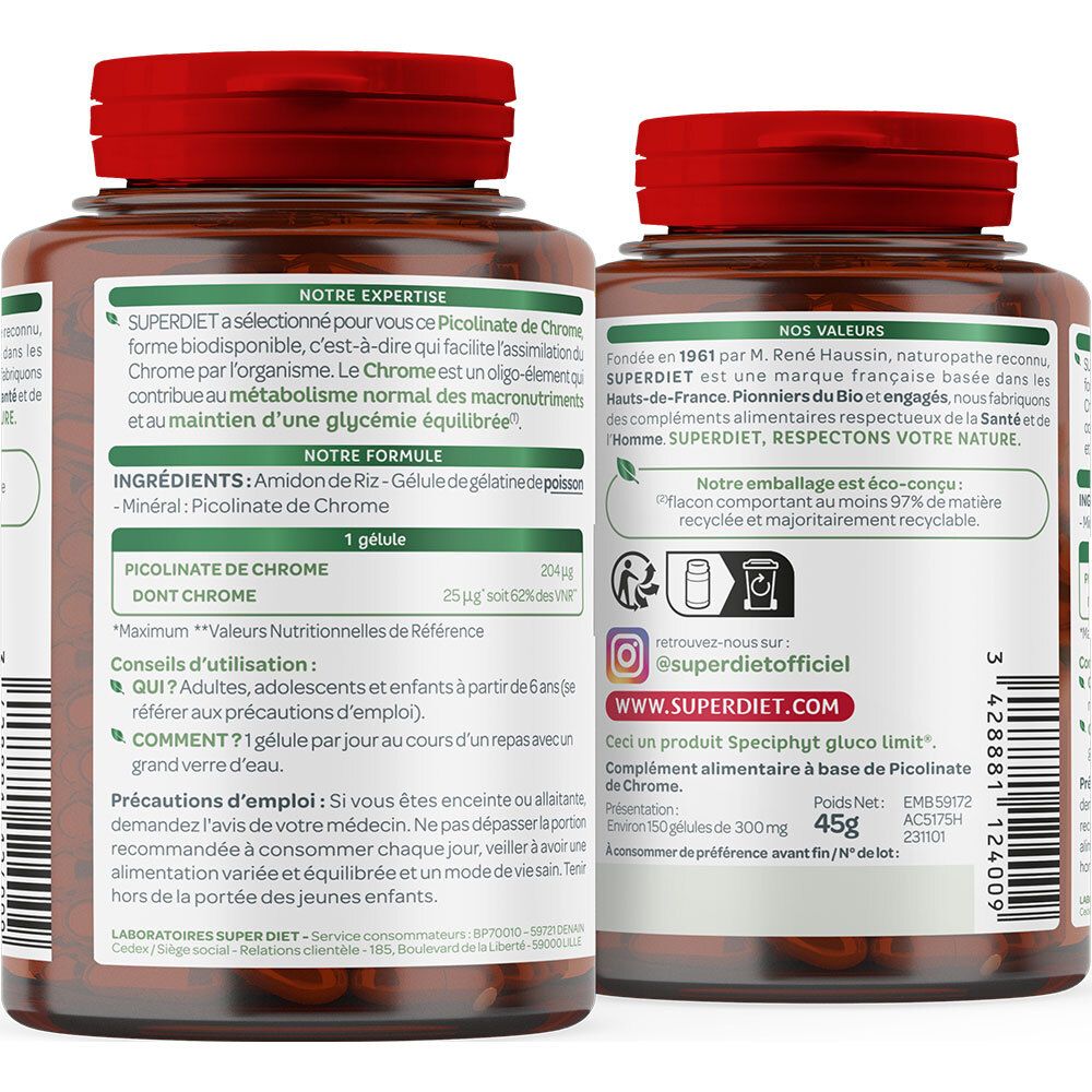 Rückseite der Flasche. Text: Inhaltsstoffe, Anwendungshinweise, Nährwertangaben. SUPERDIET-Logo. 45g.