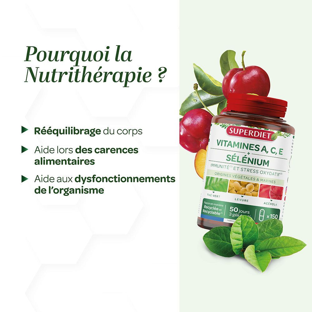 Produktflasche mit Früchten und Blättern. Text: Warum Nutri-Therapie? Vorteile des Produkts.