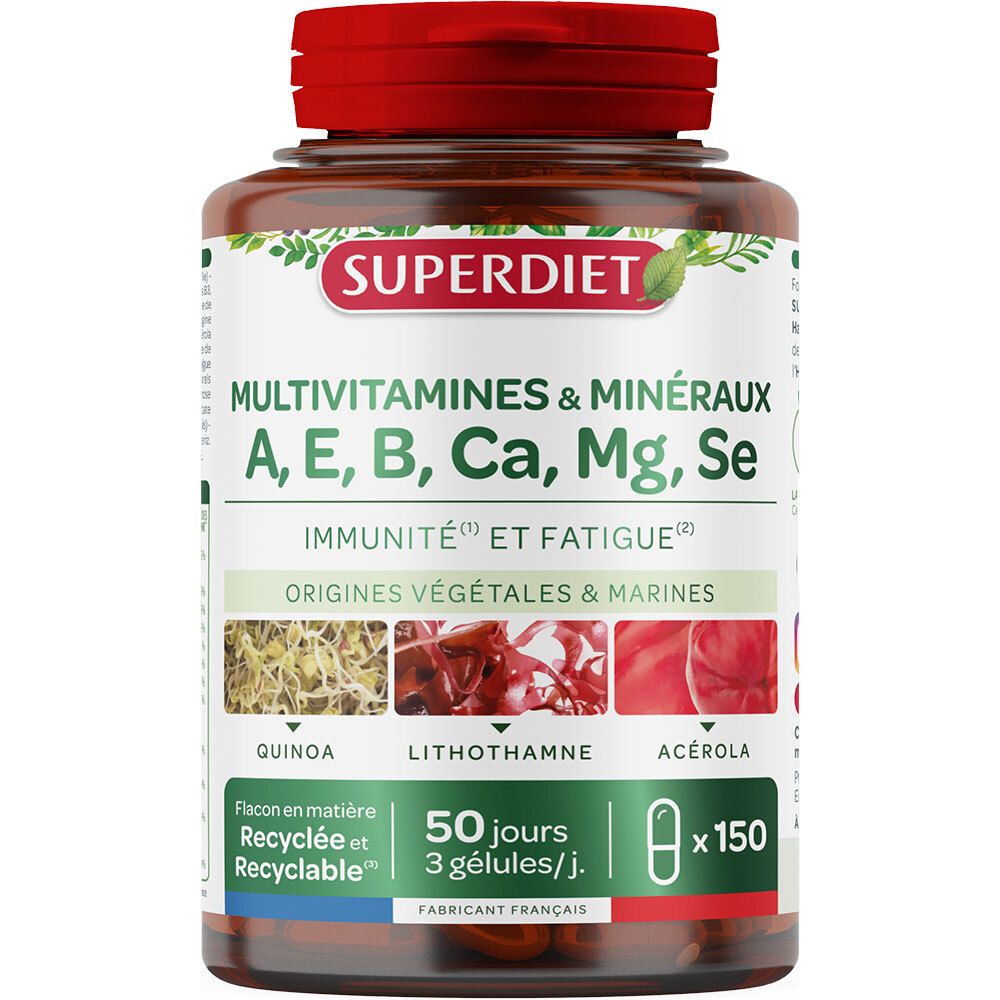 Flacon brun à bouchon rouge. Inscription: SUPERDIET Multivitamines & Minéraux. Contient 150 gélules.