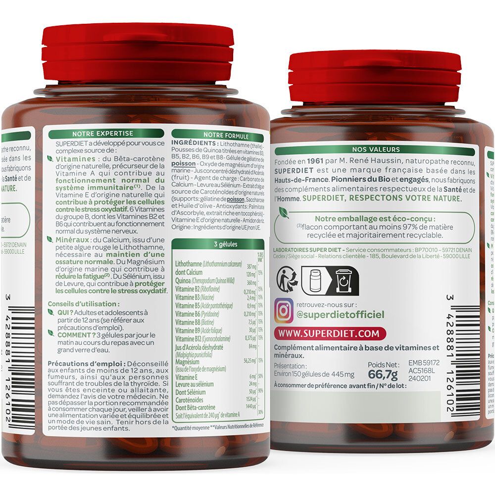 Dos du flacon. Informations textuelles sur les ingrédients et les valeurs nutritionnelles. Informations et contact du fabricant.